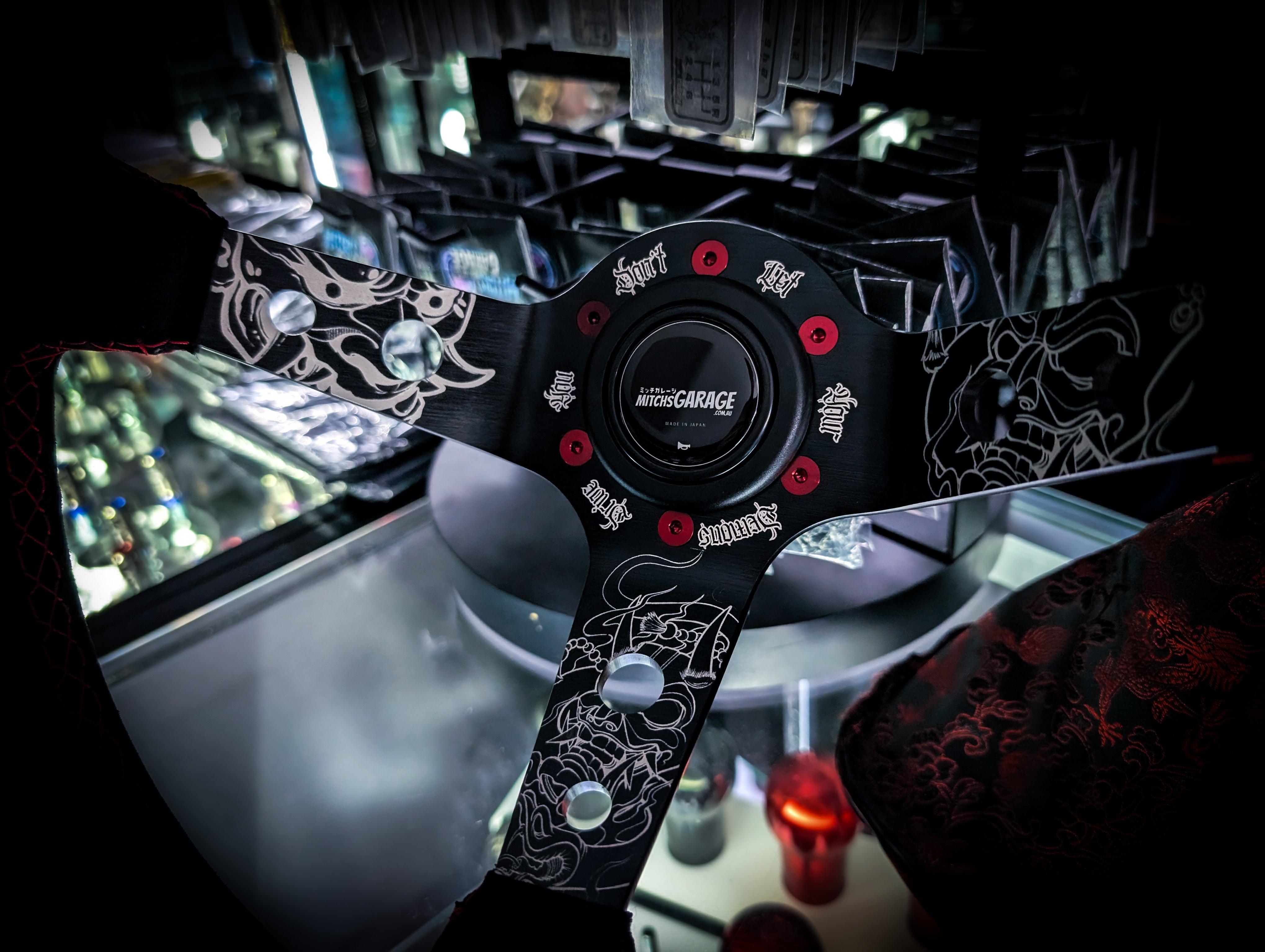 LIMITED EDITION "Don't let your demons drive you" Deep Dished Suade/Alcantara Red Stitch Steering Wheel
