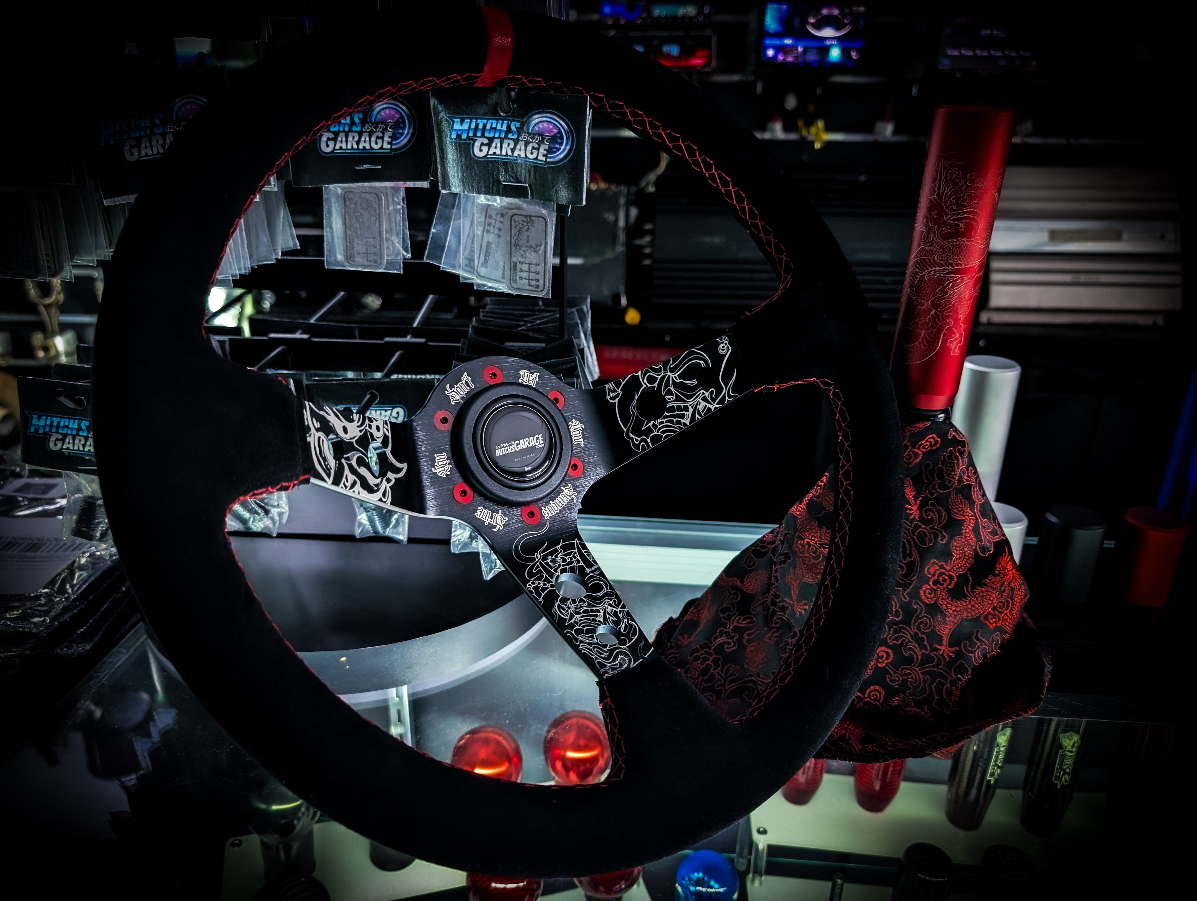 LIMITED EDITION "Don't let your demons drive you" Deep Dished Suade/Alcantara Red Stitch Steering Wheel