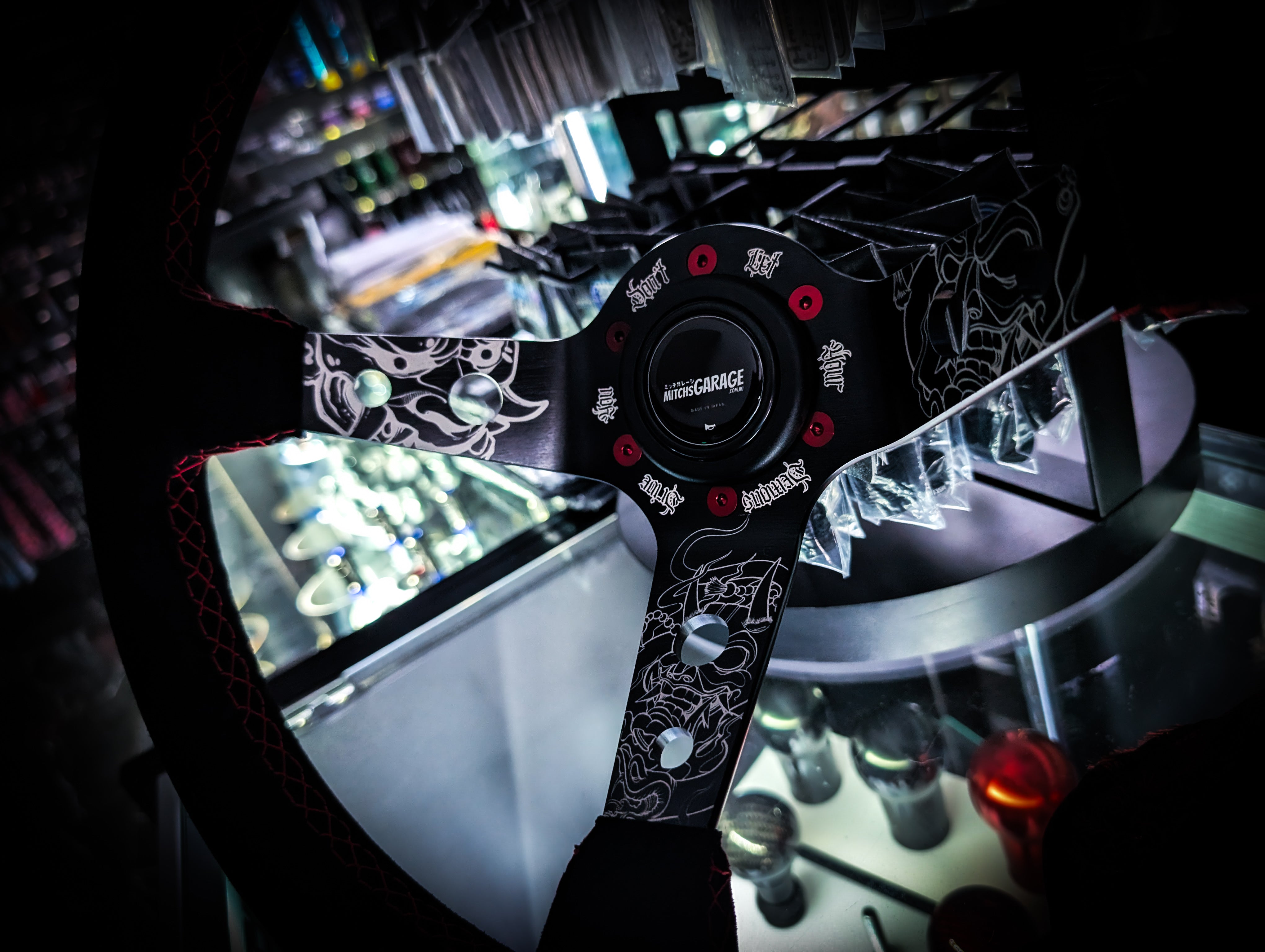 LIMITED EDITION "Don't let your demons drive you" Deep Dished Suade/Alcantara Red Stitch Steering Wheel