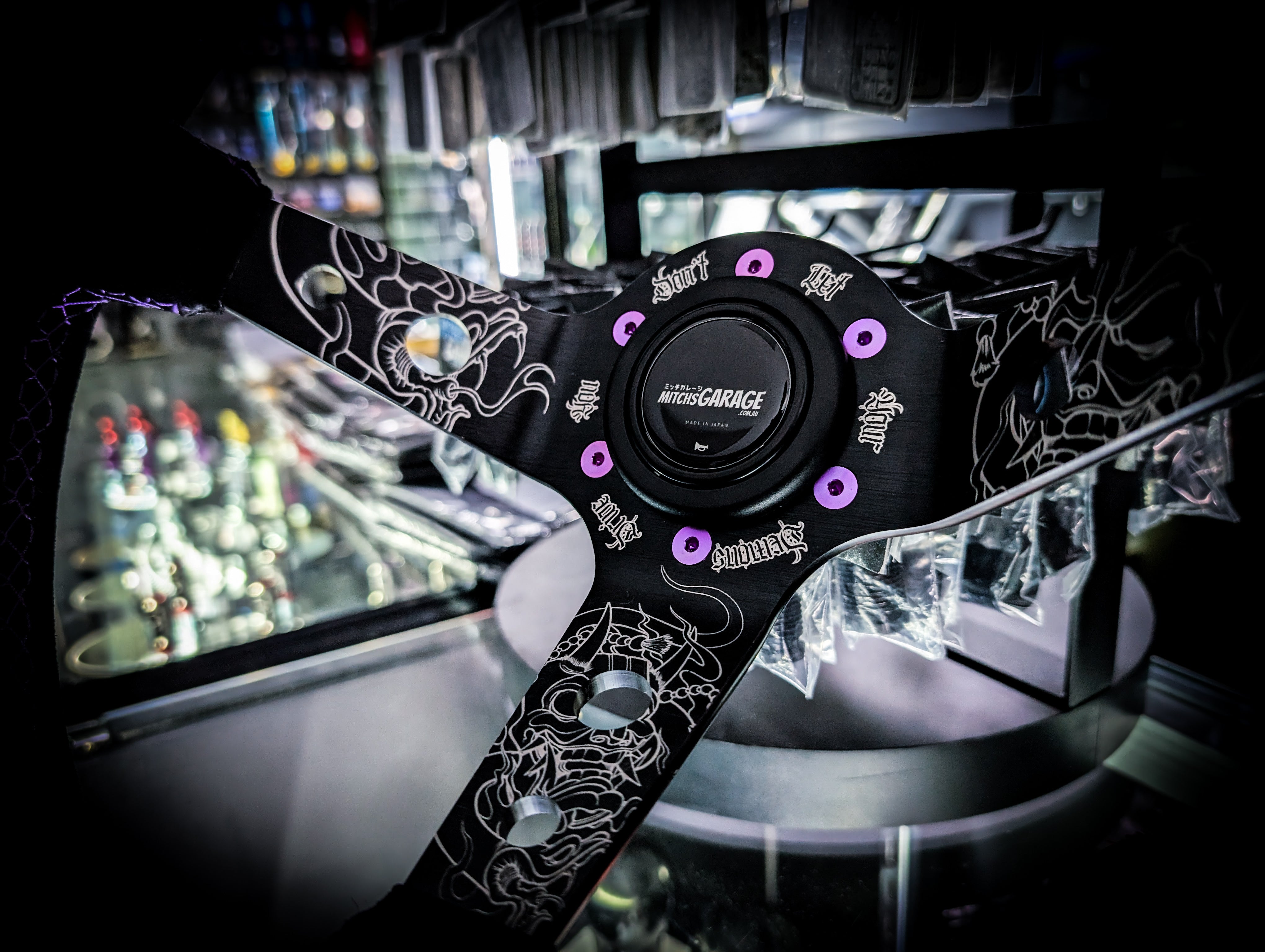 LIMITED EDITION "Don't let your demons drive you" Deep Dished Suade/Alcantara Purple Stitch Steering Wheel