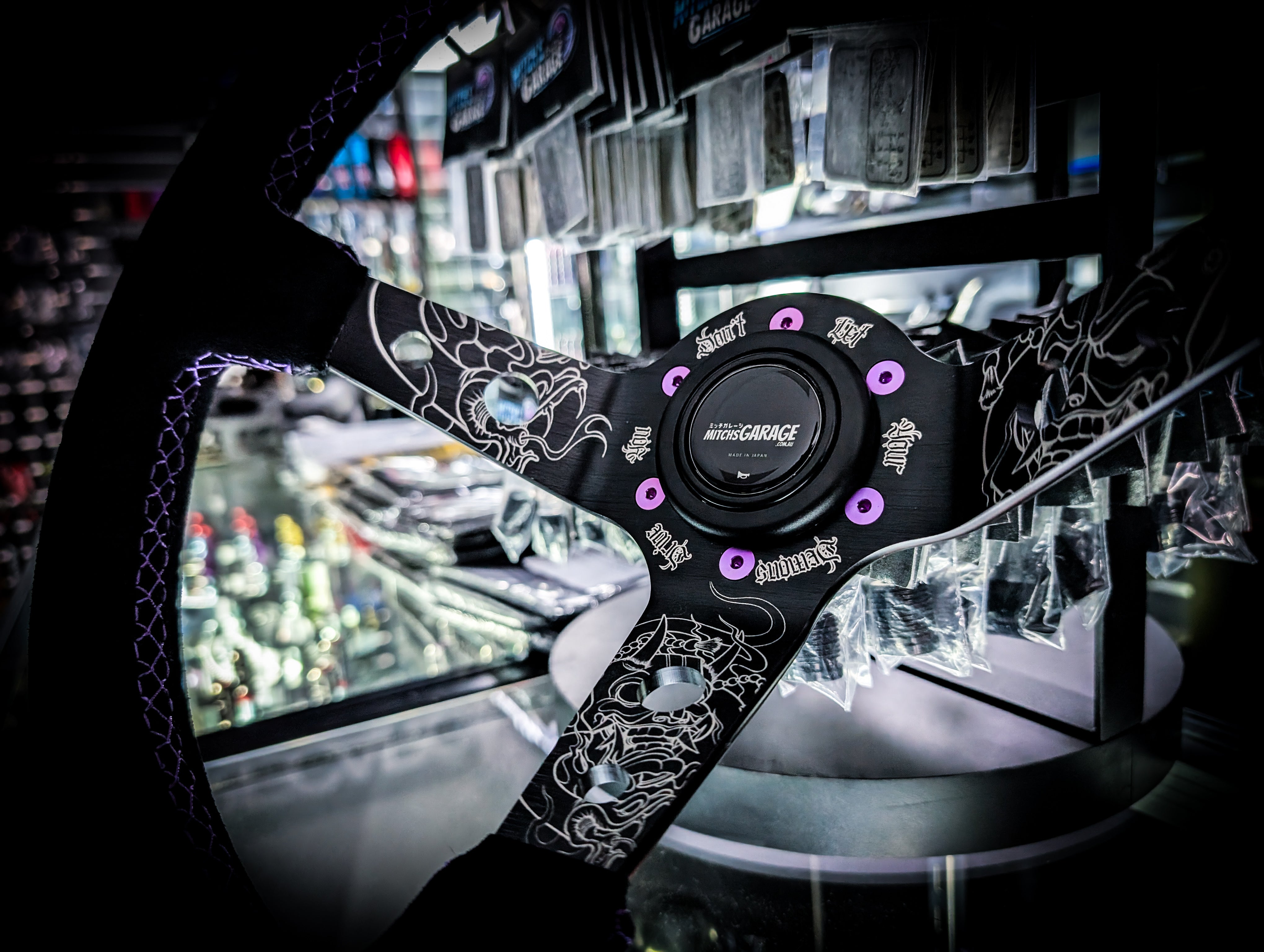 LIMITED EDITION "Don't let your demons drive you" Deep Dished Suade/Alcantara Purple Stitch Steering Wheel