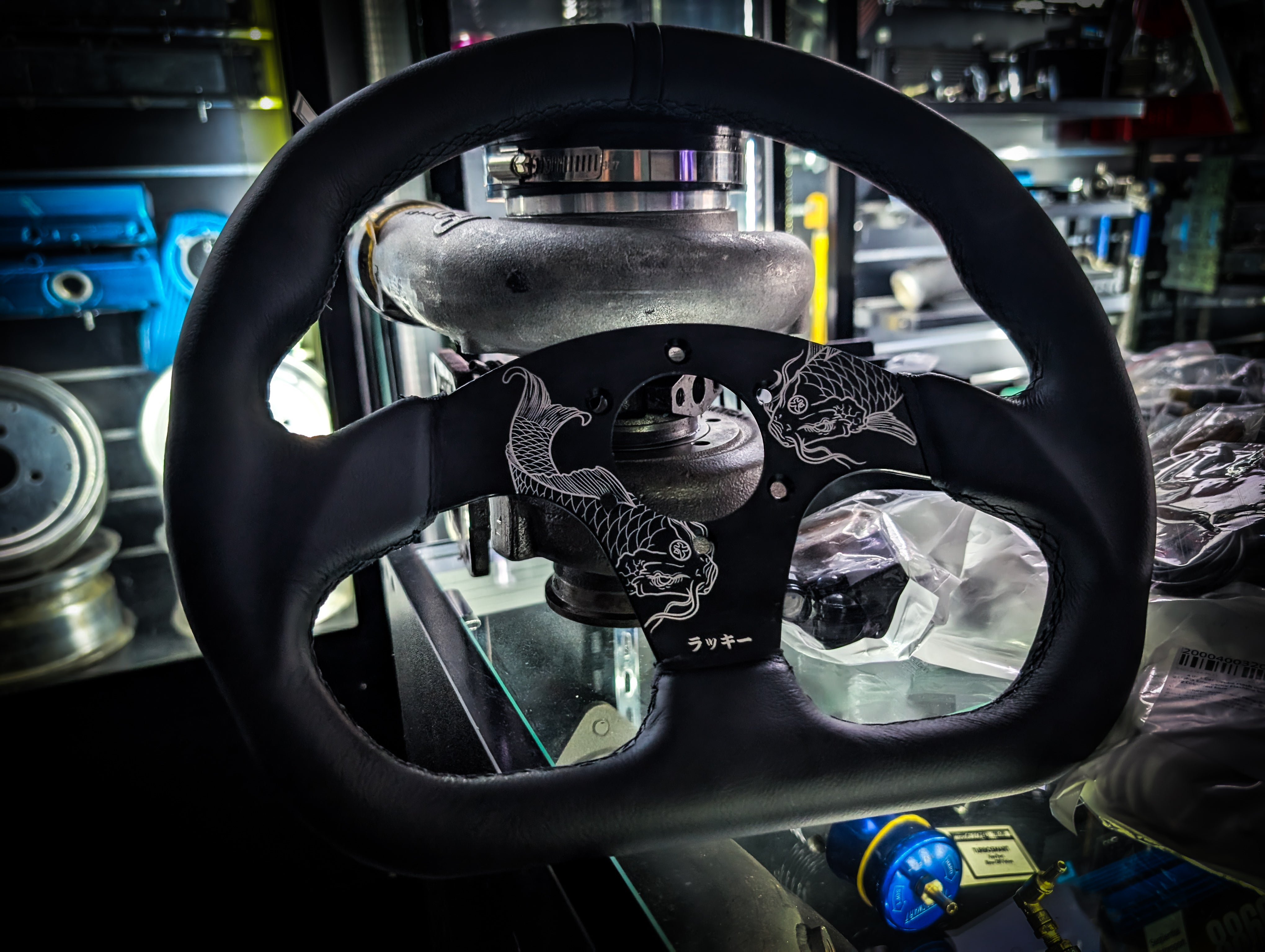 Lucky Koi Etch Triple Black D Shape Leather Steering Wheel