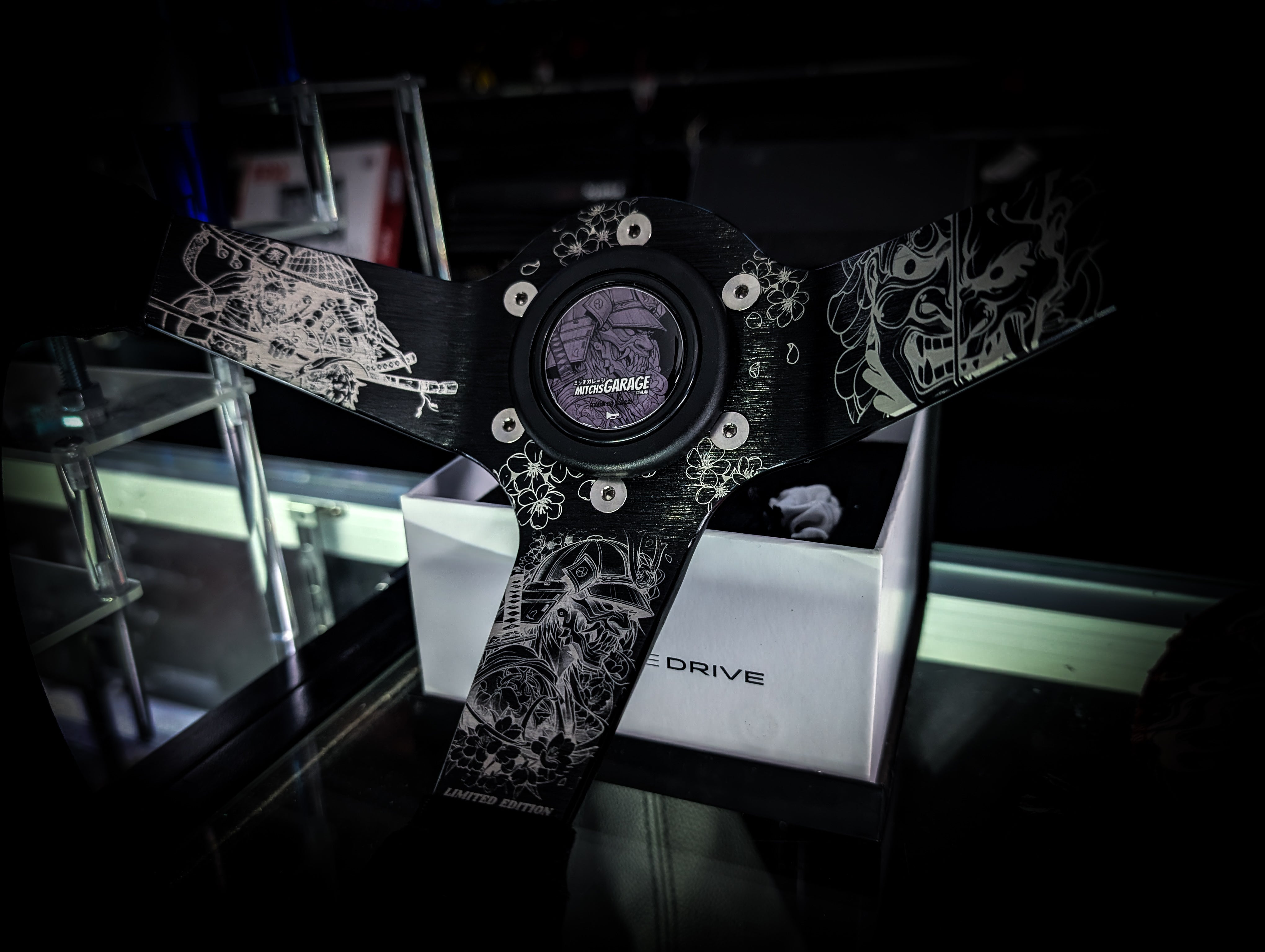 Traditional Japanese Hannya Mask Lazer Etched Deep Dished Alcantara Suade Steering Wheel