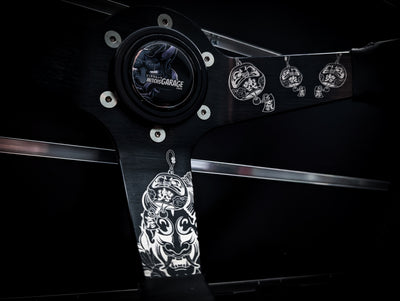 Traditional Japanese Lazer Etched Deep Dished Black Leather Steering Wheel