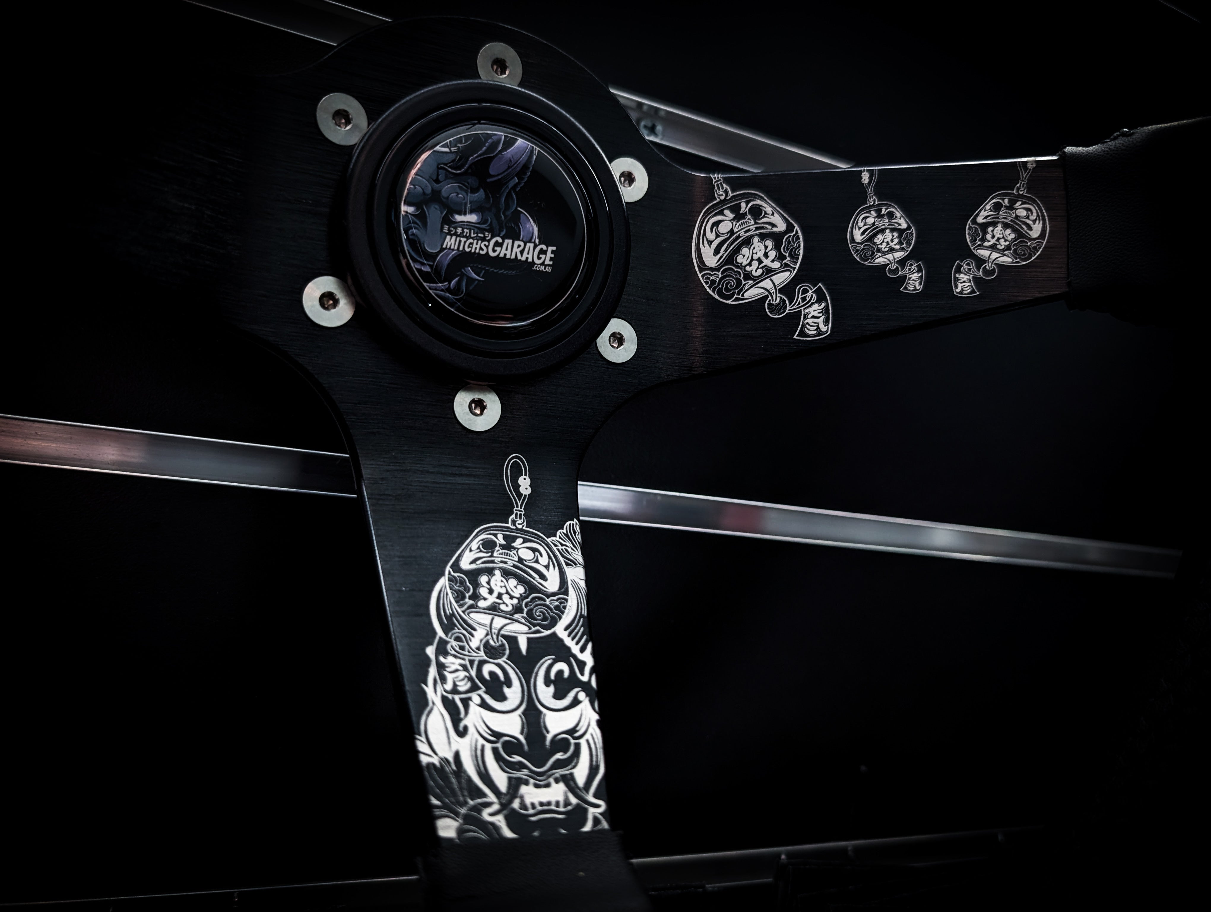 Traditional Japanese Lazer Etched Deep Dished Black Leather Steering Wheel
