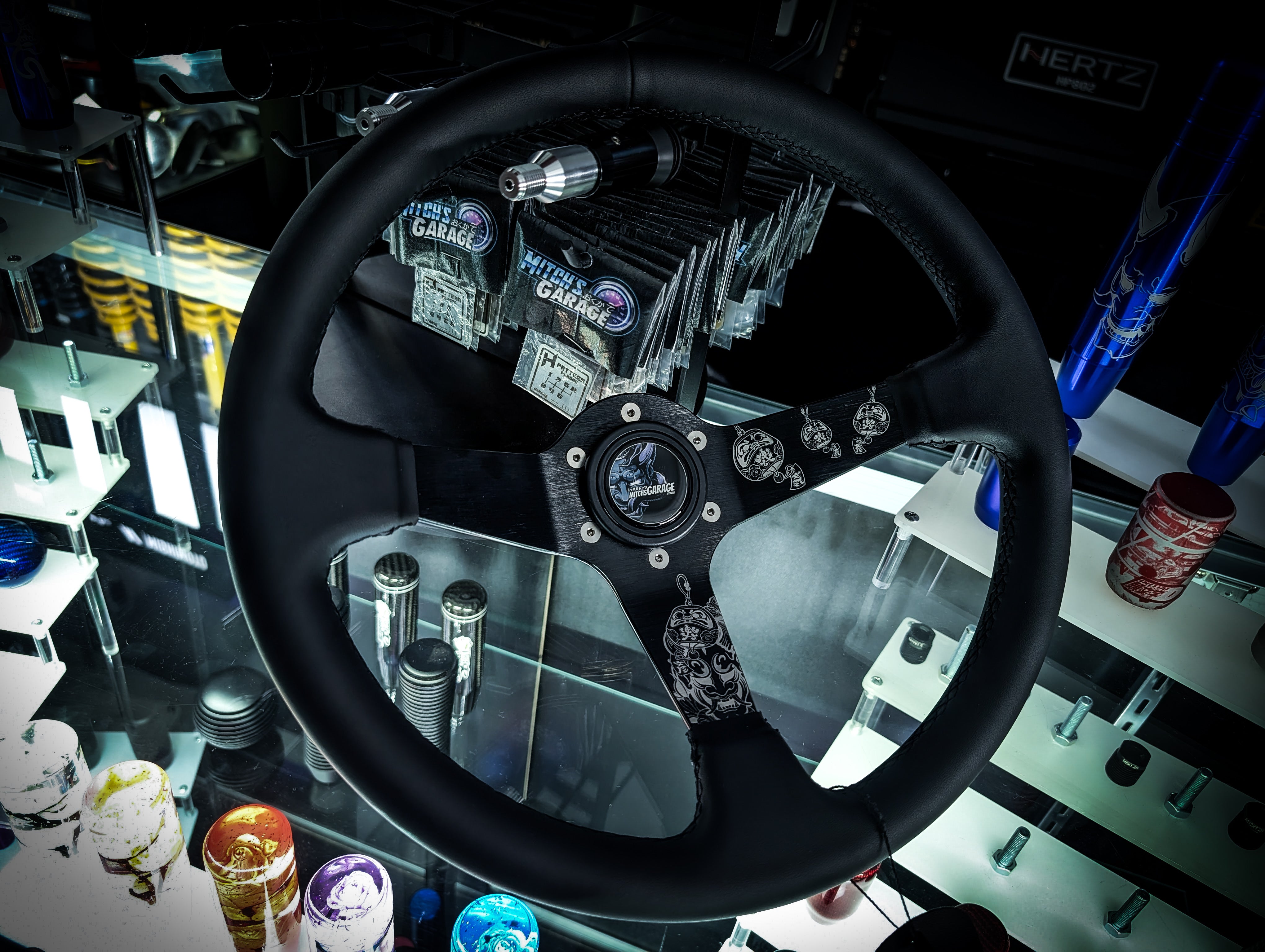 Traditional Japanese Lazer Etched Deep Dished Black Leather Steering Wheel