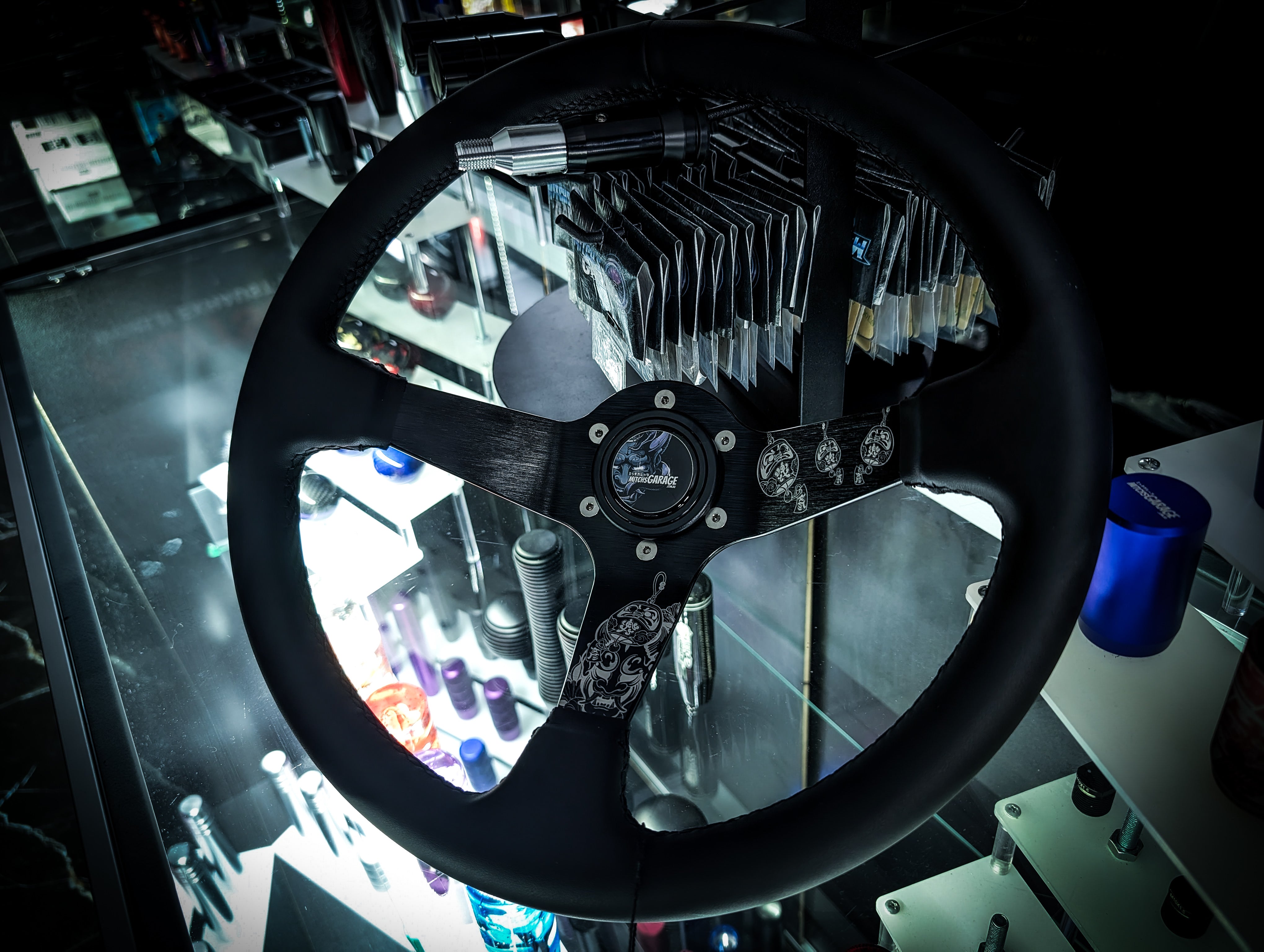 Traditional Japanese Lazer Etched Deep Dished Black Leather Steering Wheel