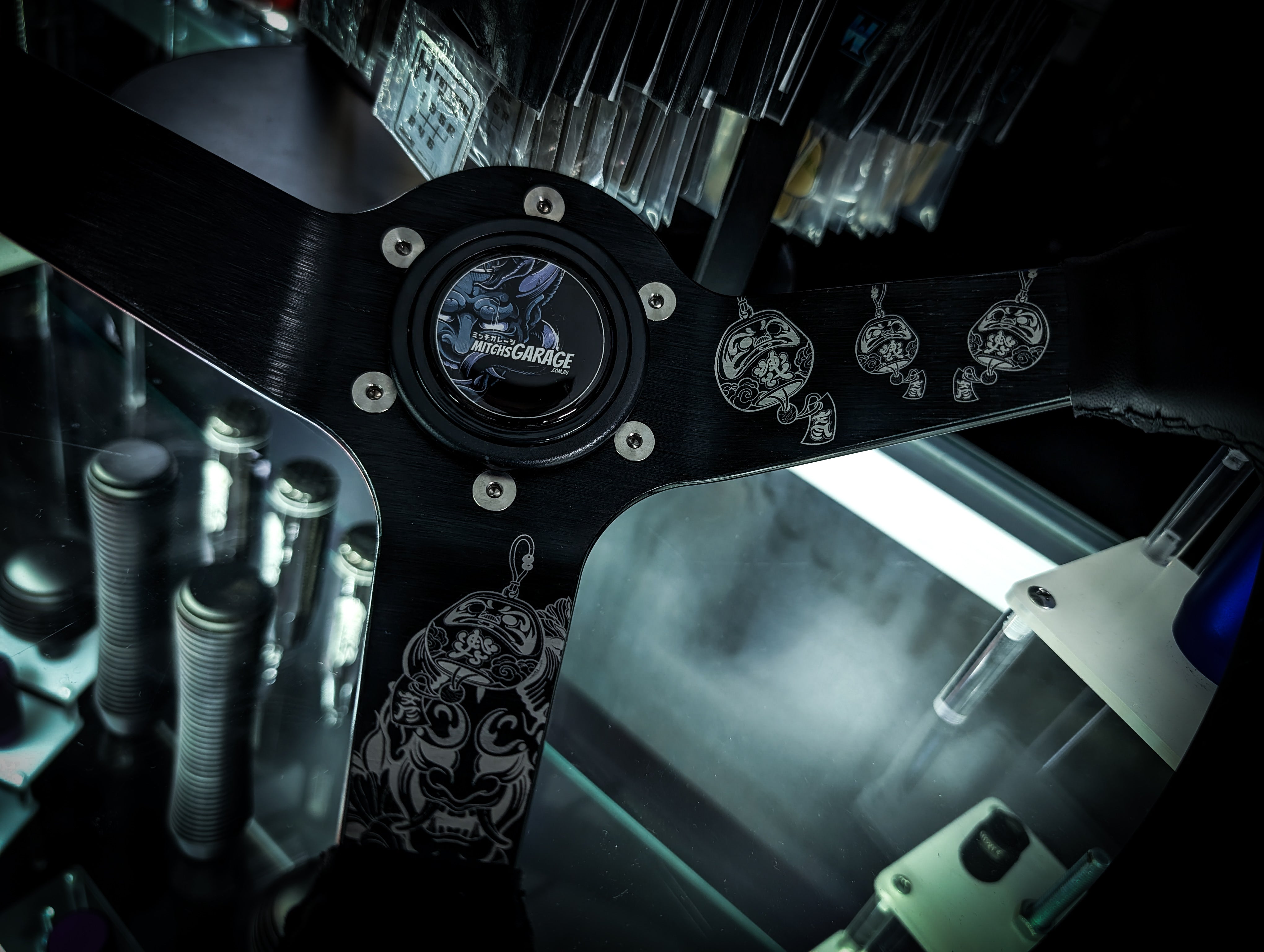 Traditional Japanese Lazer Etched Deep Dished Black Leather Steering Wheel