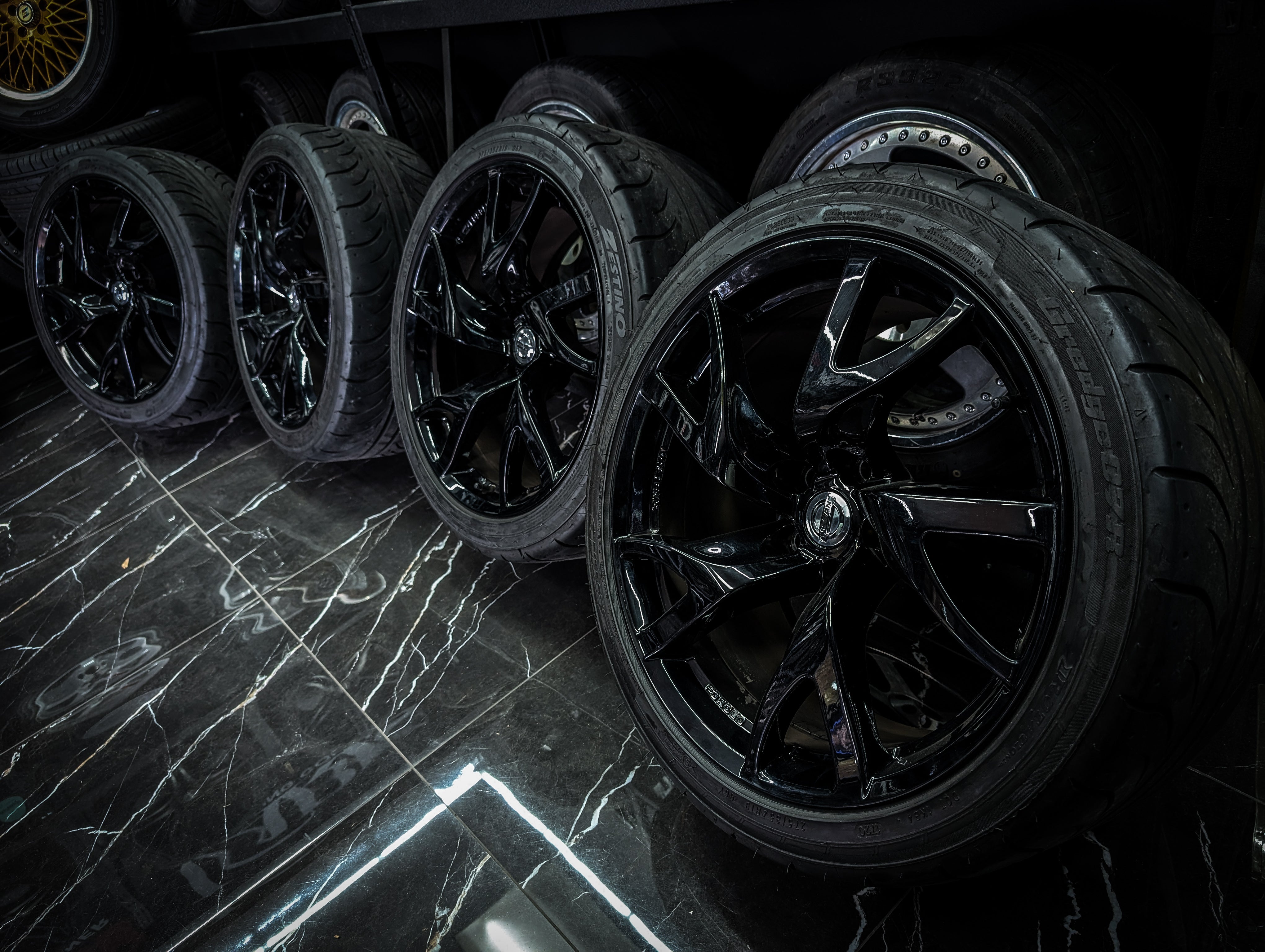 19" NISSAN 370Z RAYS Gloss Black Forged Staggered Concave Wheels x 4