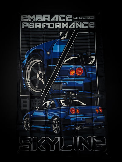 Nissan R34 Skyline "EMBRACE The Power Of PERFORMANCE" Workshop Banner Flag
