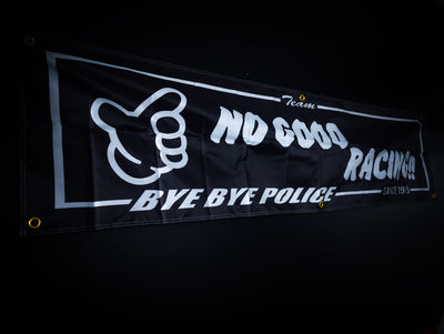 No Good Racing Bye Bye Police Black and White Workshop Banner Flag
