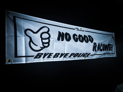 No Good Racing Bye Bye Police White and Black Workshop Banner Flag
