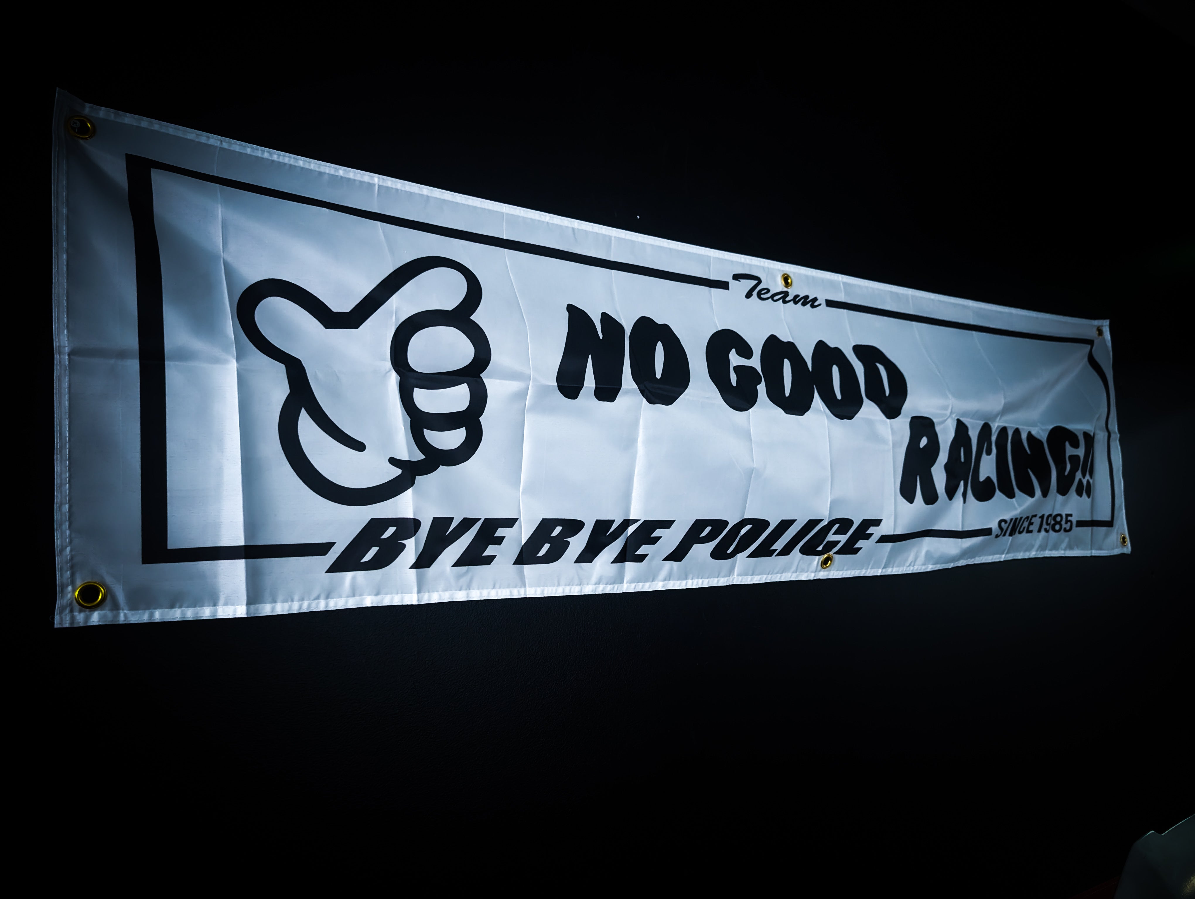 NEW! No Good Racing Bye Bye Police White and Black Workshop Banner Flag (