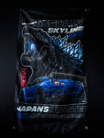 NEW! GODZILLA LEGENDARY Skyline R35 GTR "Japans Monster" Workshop Banner Flag