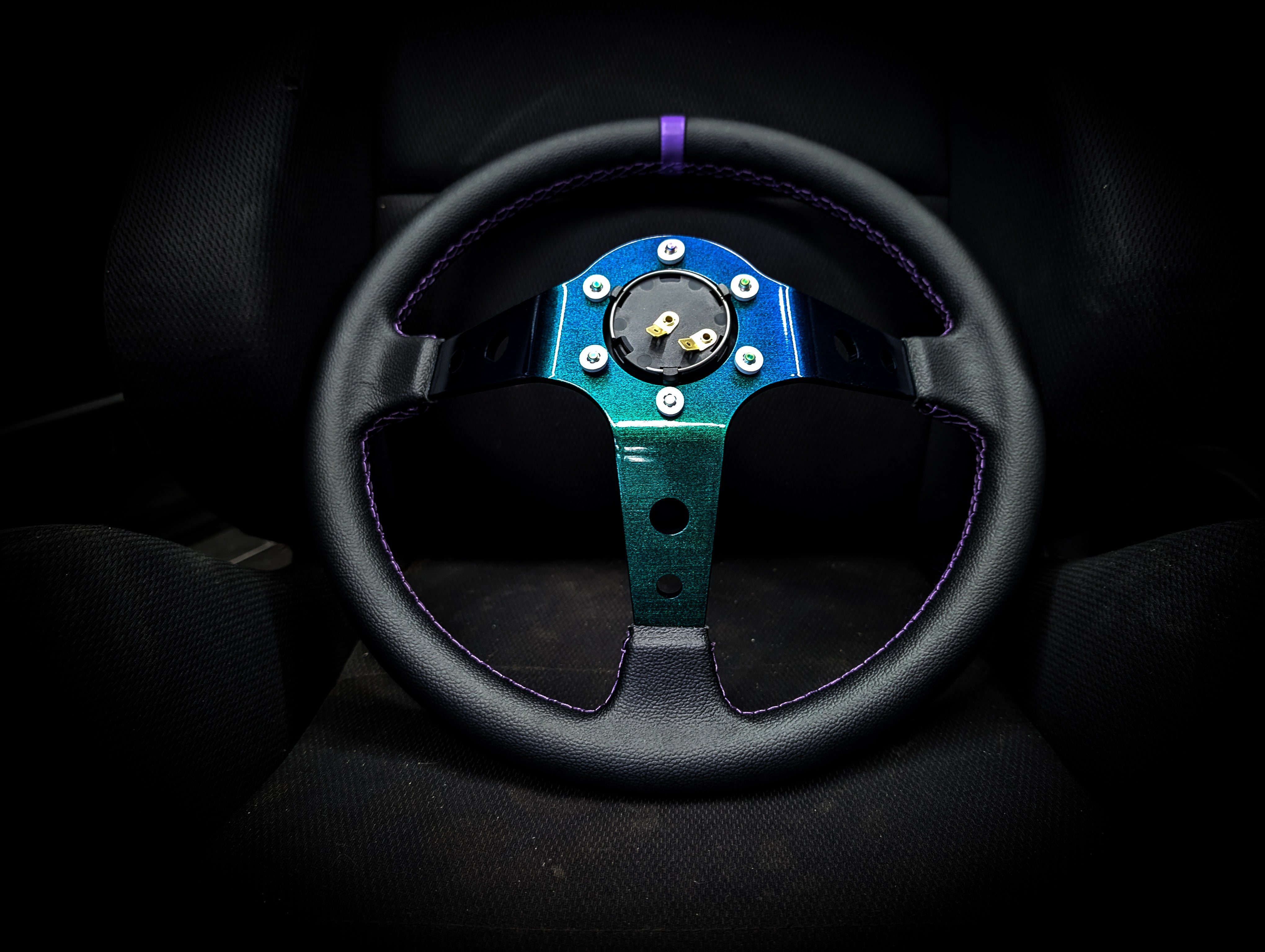 LIMITED Colour Shift Centre - Purple Stitched• Black Leather Deep Dished 350mm Steering Wheel