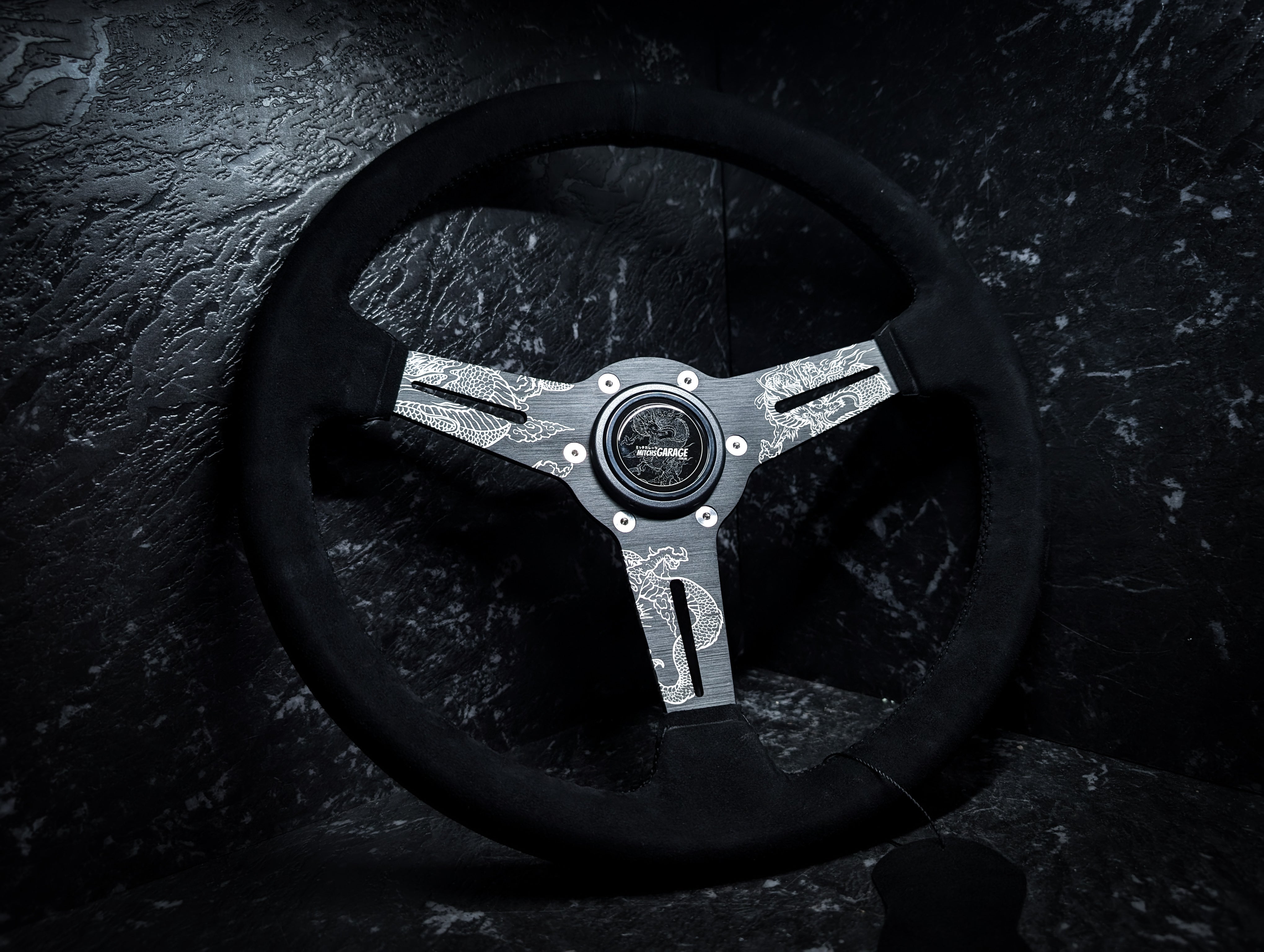 LAZER ETCHED Traditional Dragon Triple Black Alcantara/Suade Standard Steering Wheel