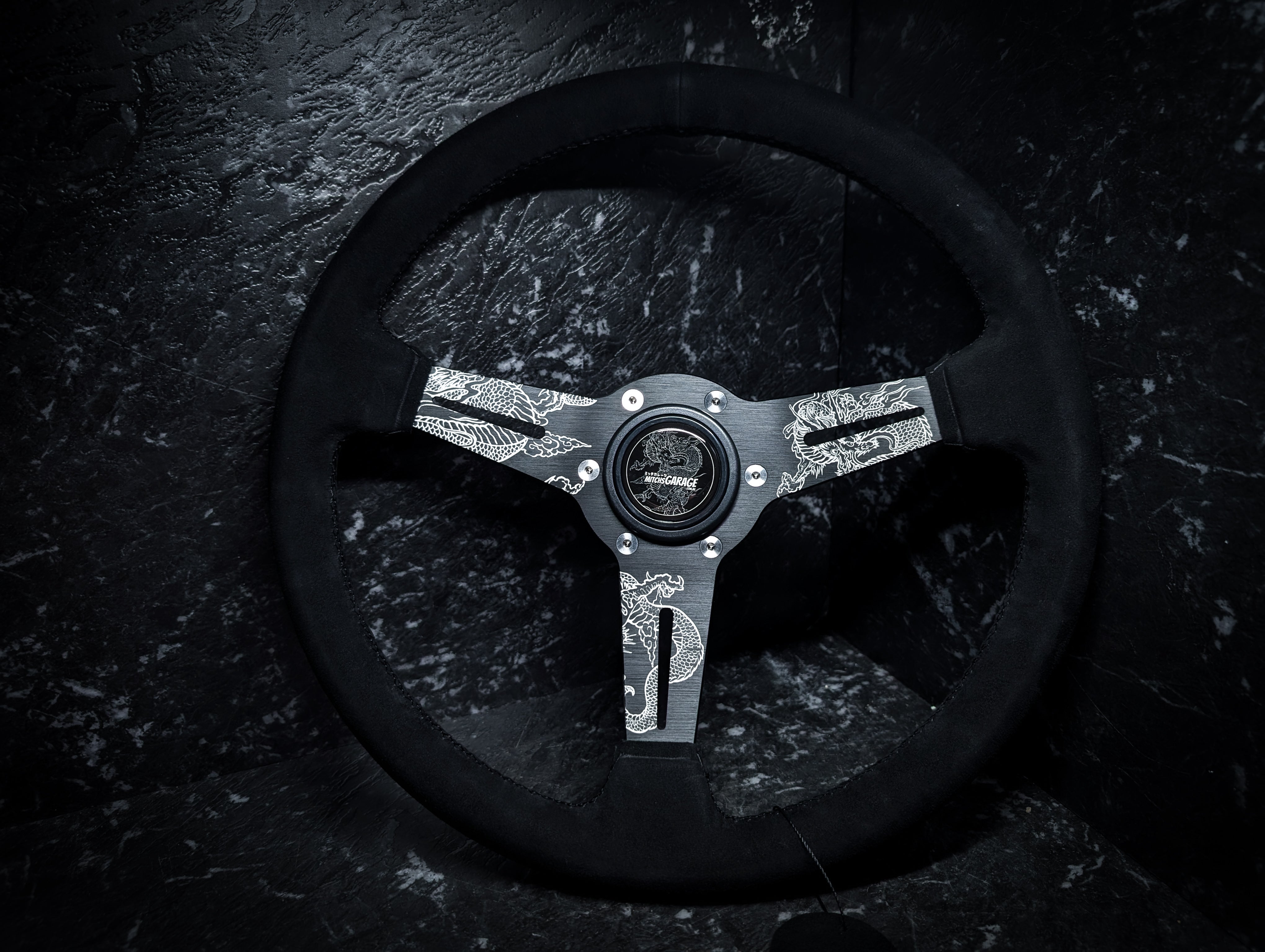 LAZER ETCHED Traditional Dragon Triple Black Alcantara/Suade Standard Steering Wheel