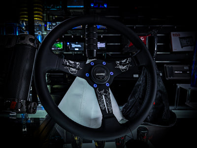 LAZER ETCHED Traditional Oni Mask Triple Black Leather Standard Steering Wheel