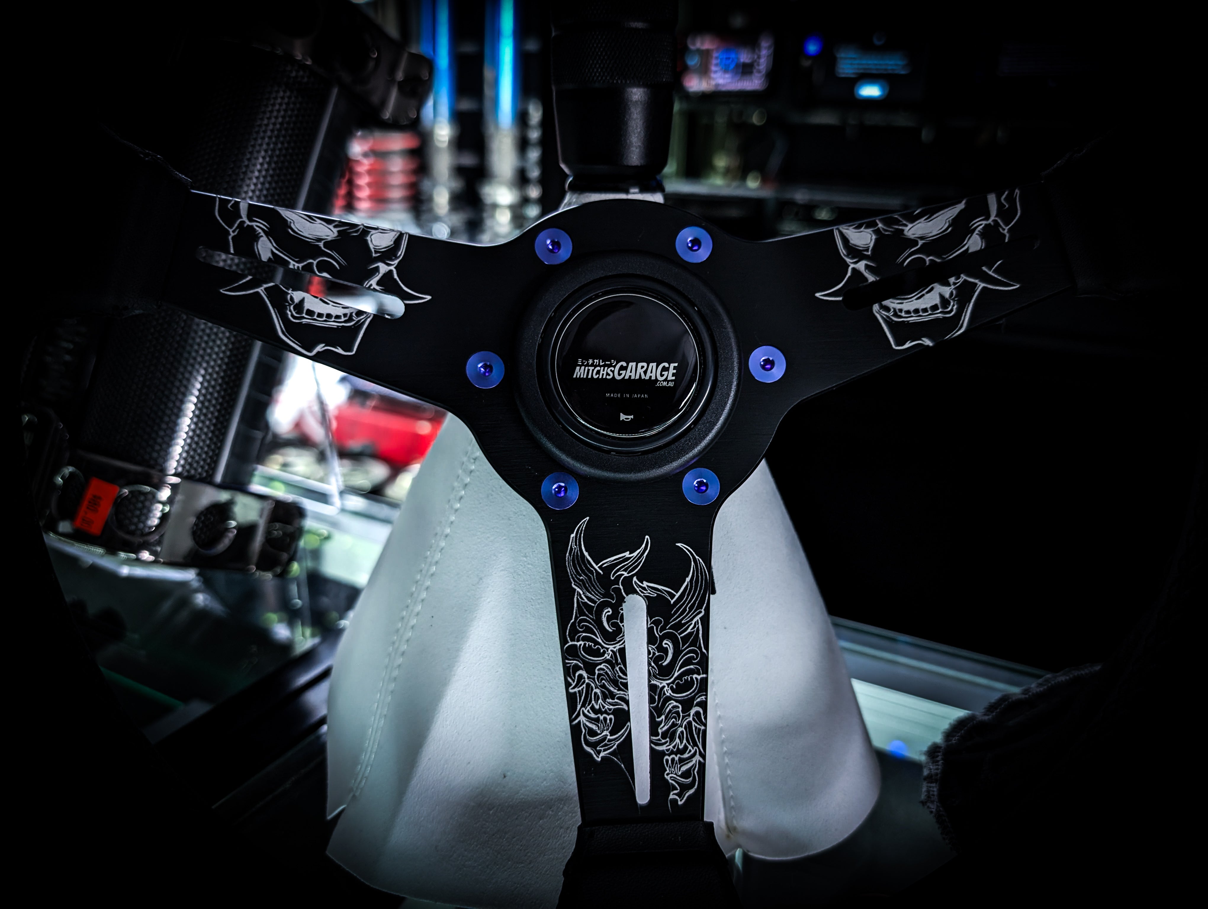 LAZER ETCHED Traditional Oni Mask Triple Black Leather Standard Steering Wheel