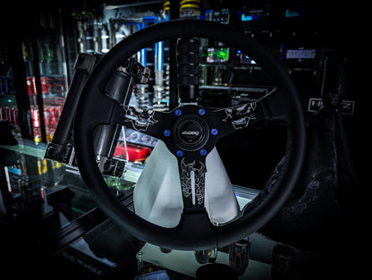 LAZER ETCHED Traditional Oni Mask Triple Black Leather Standard Steering Wheel