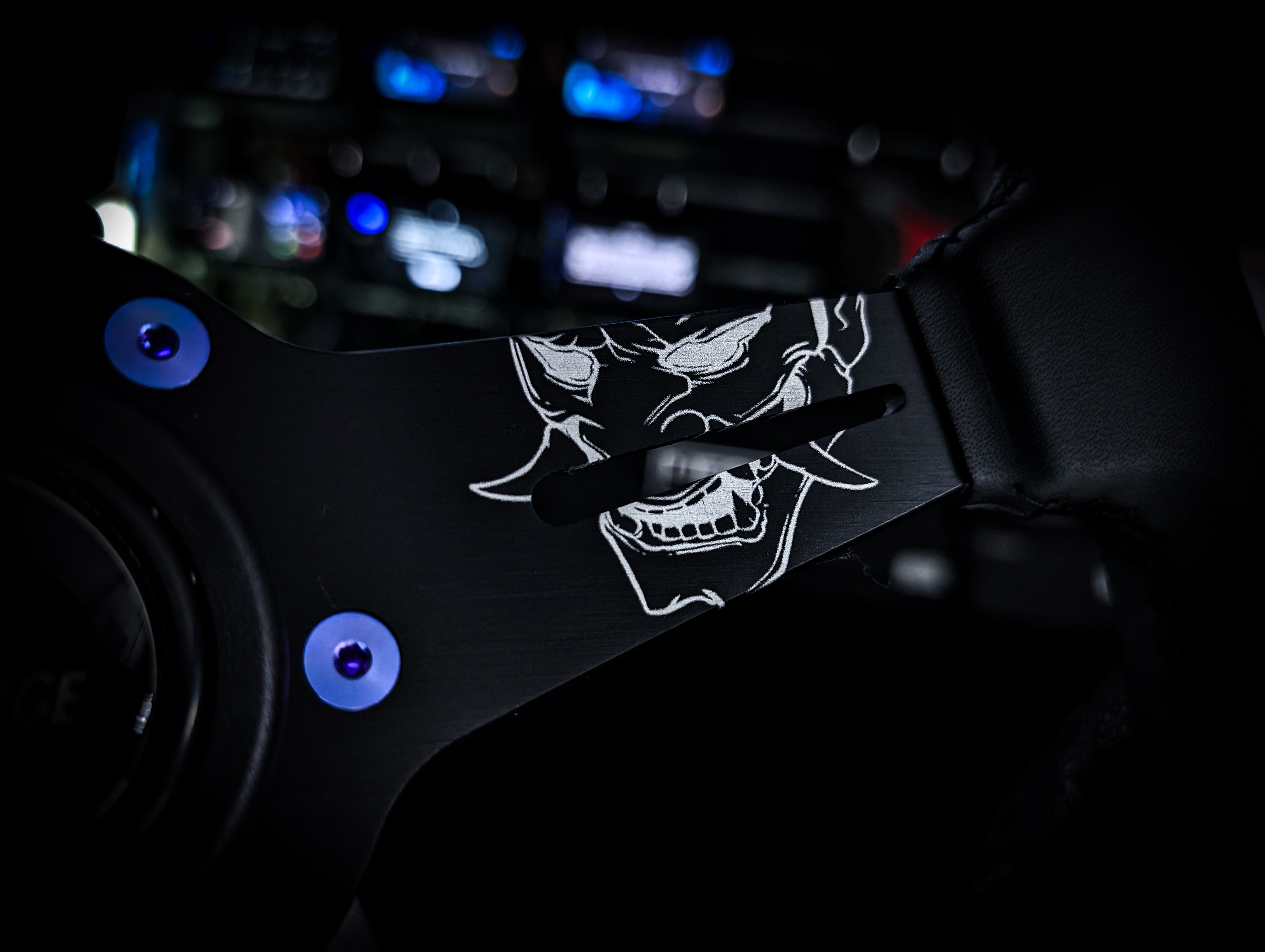 LAZER ETCHED Traditional Oni Mask Triple Black Leather Standard Steering Wheel