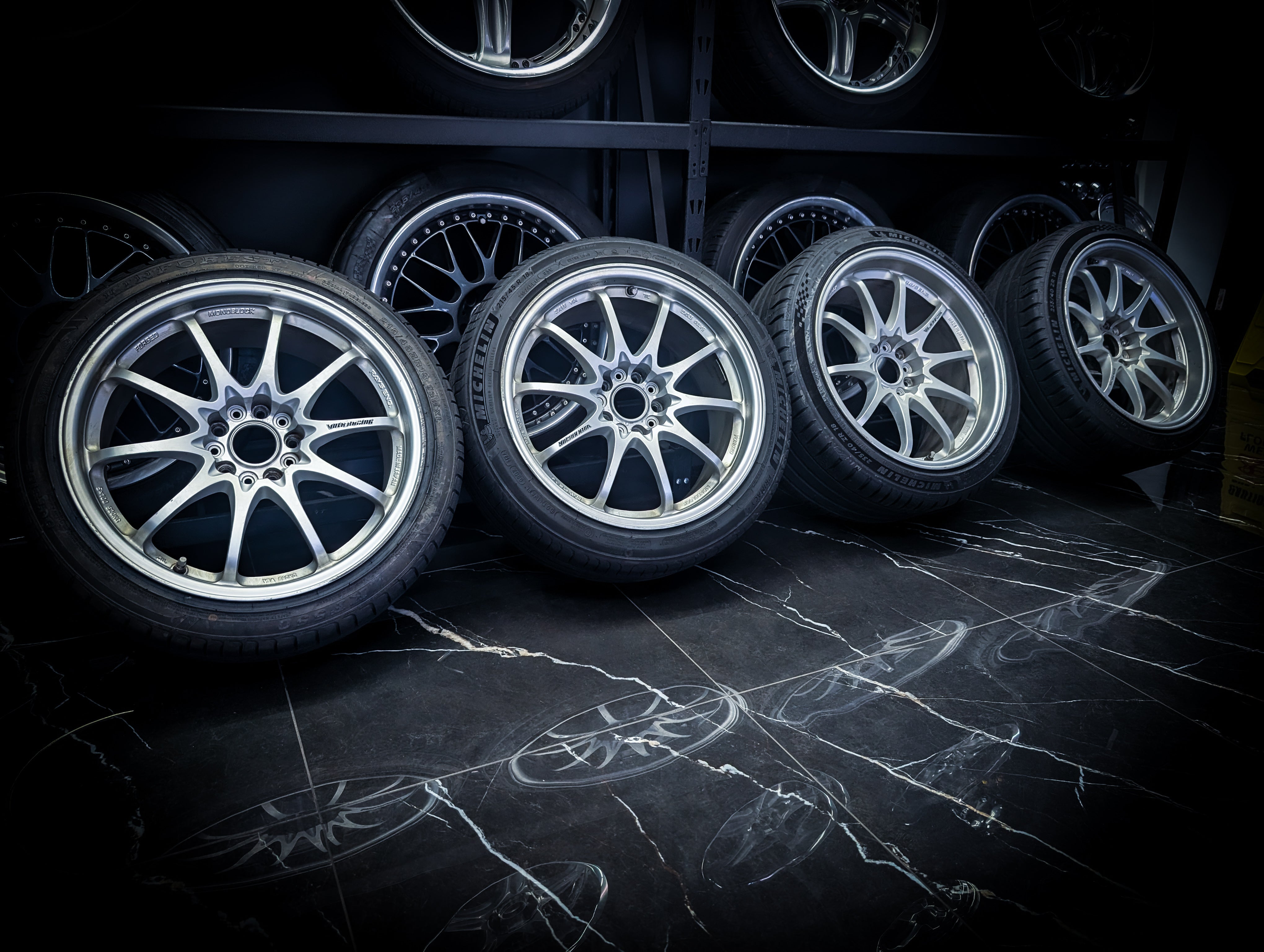 18" VOLK RAYS CE28 Silver Staggared Wheels x 4