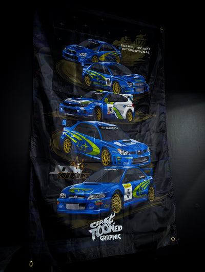 SUBARU STI Generations World Rally Blue Workshop Banner Flag