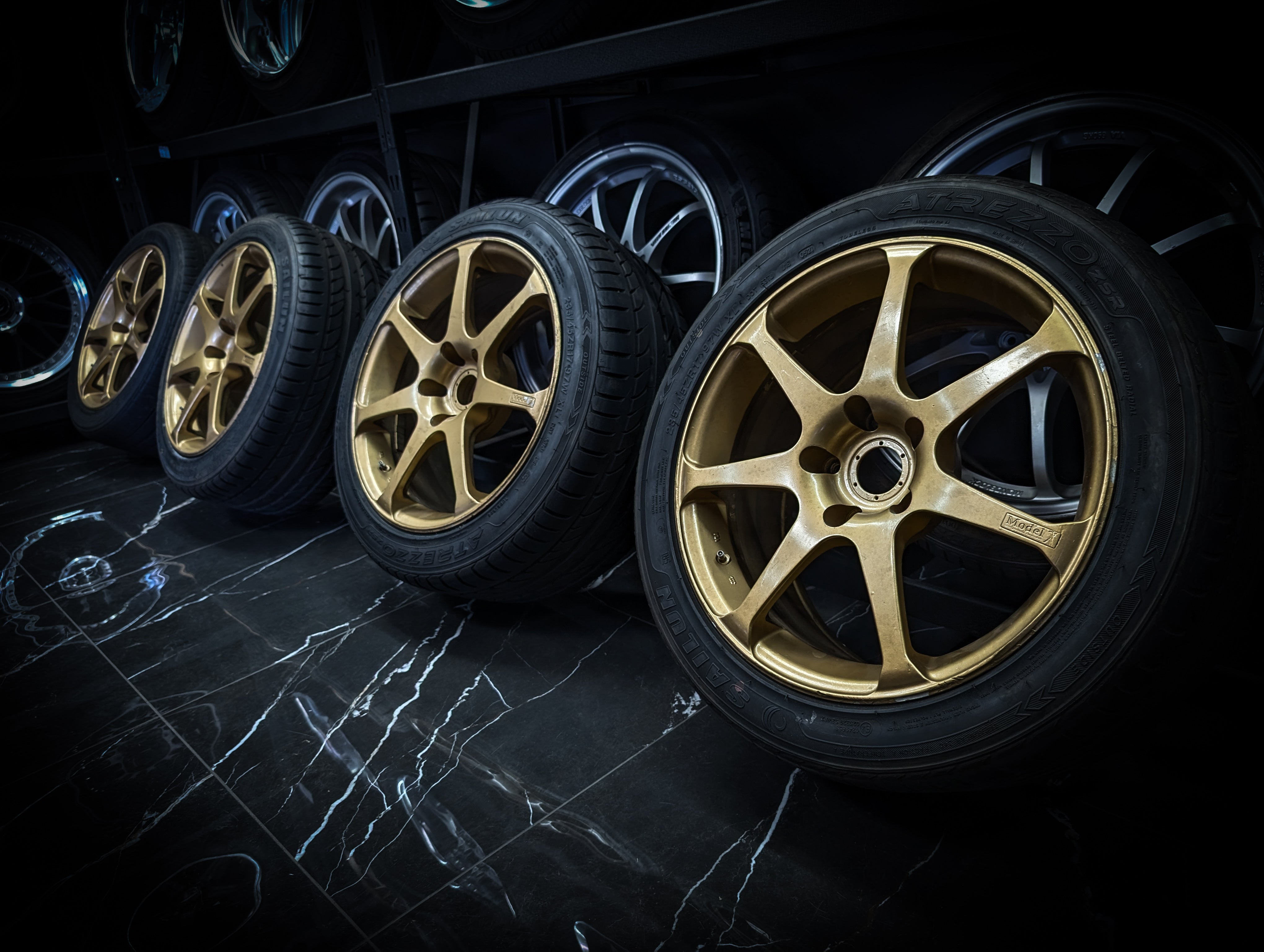 17" YOKOHAMA ADVAN AVS MODEL 7 Gold Staggared Wheels x 4