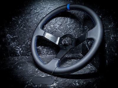 Custom Oni Etched Blue Stitch • Deep Dished Leather Steering Wheel