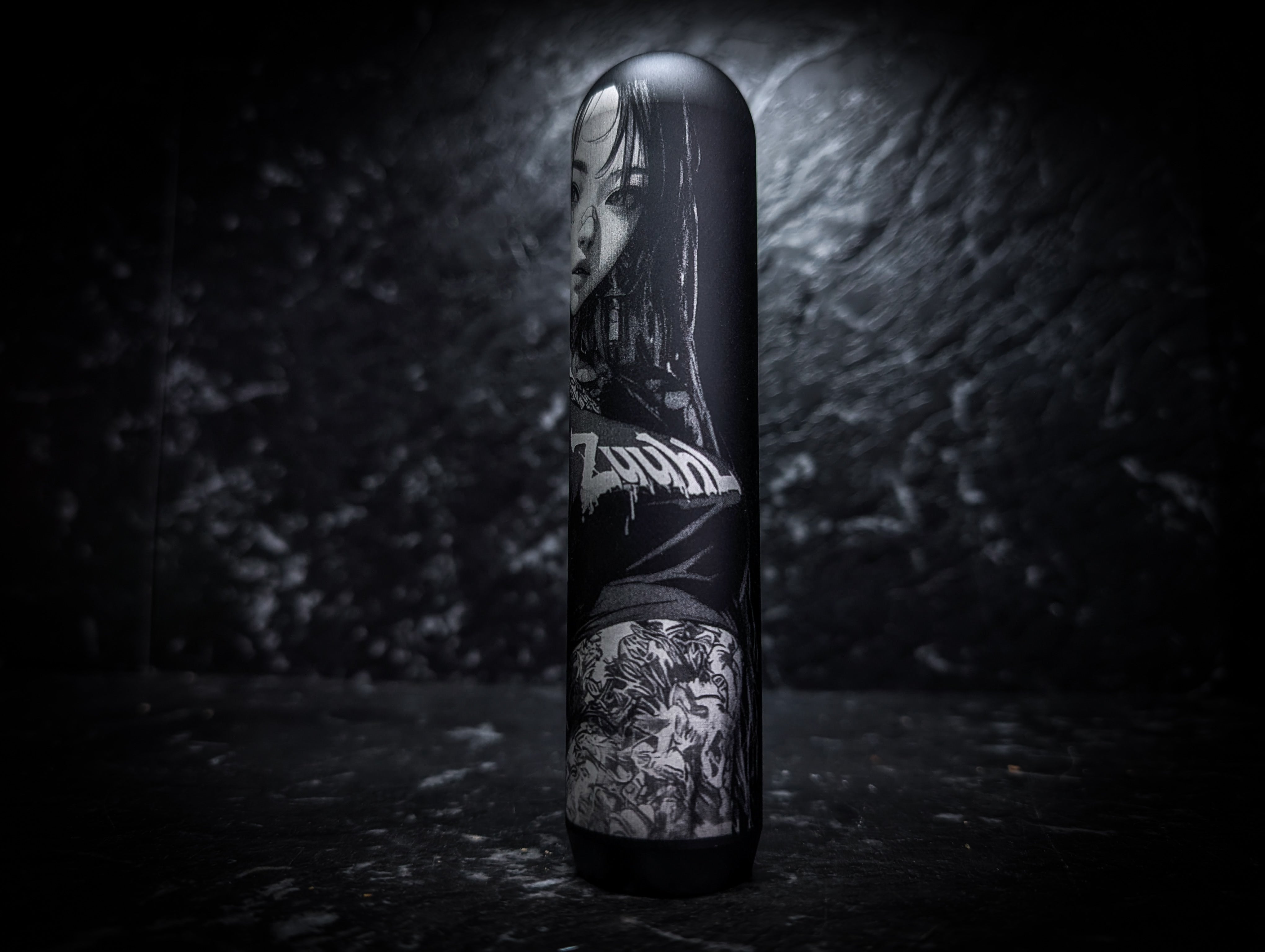 Cute Tattooed Anime Girl Lazer Etch • Anodized Black V3 Manual Gear Knob