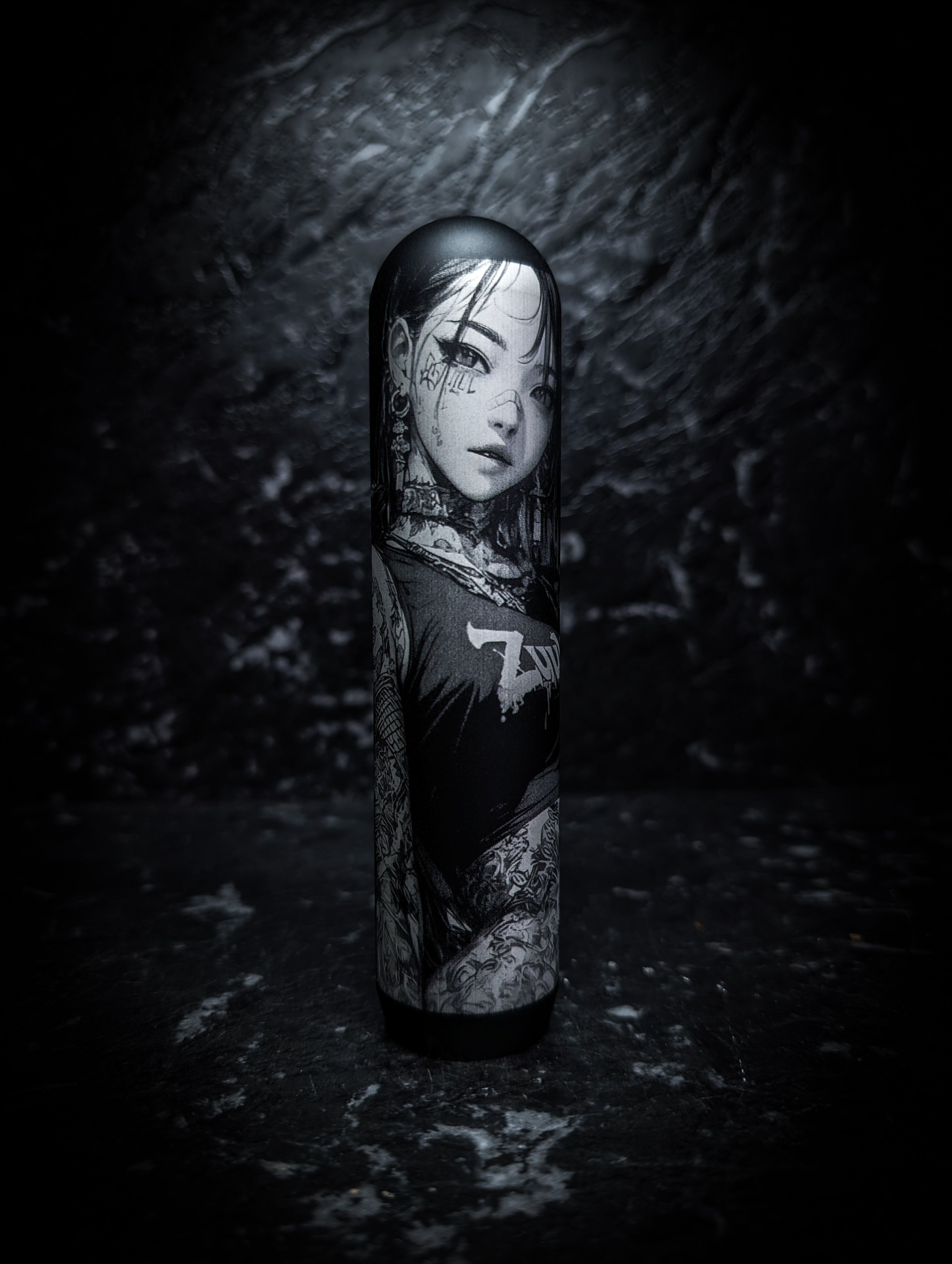 Cute Tattooed Anime Girl Lazer Etch • Anodized Black V3 Manual Gear Knob