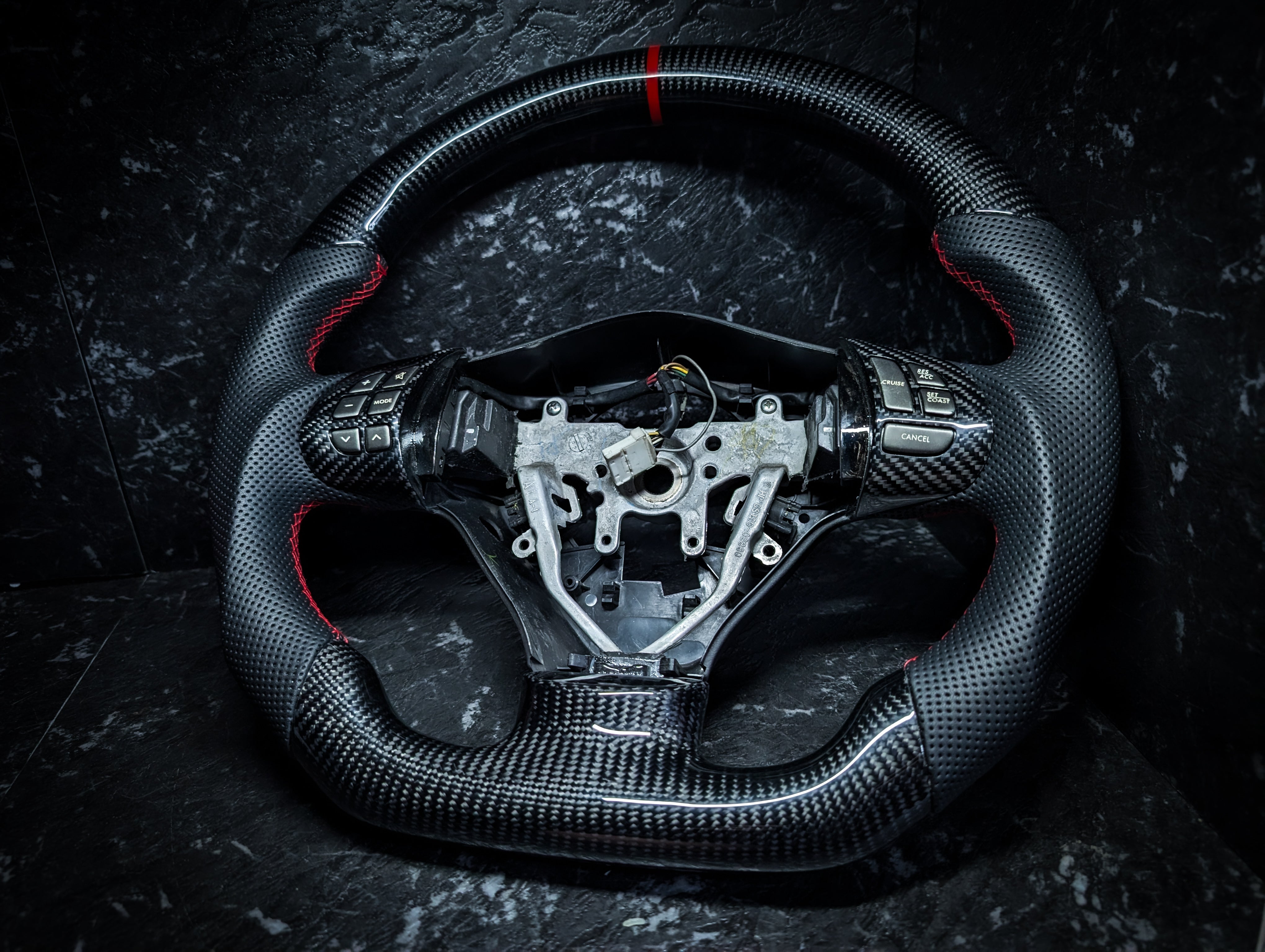 RED | Carbon Fibre Re-Trimmed Perforated Leather and D Shaped Subaru 2008-2013 Sports Steering Wheel