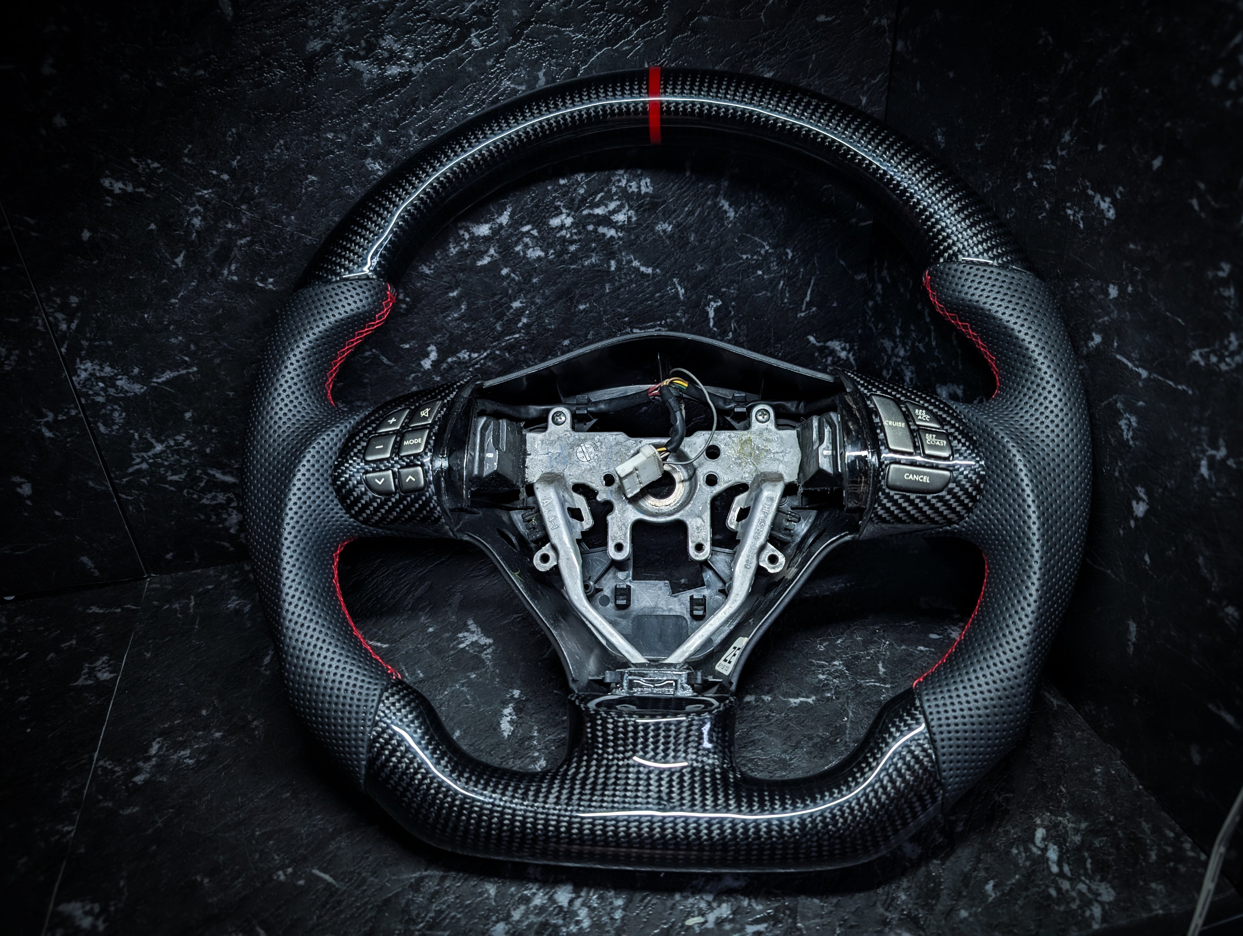 RED | Carbon Fibre Re-Trimmed Perforated Leather and D Shaped Subaru 2008-2013 Sports Steering Wheel