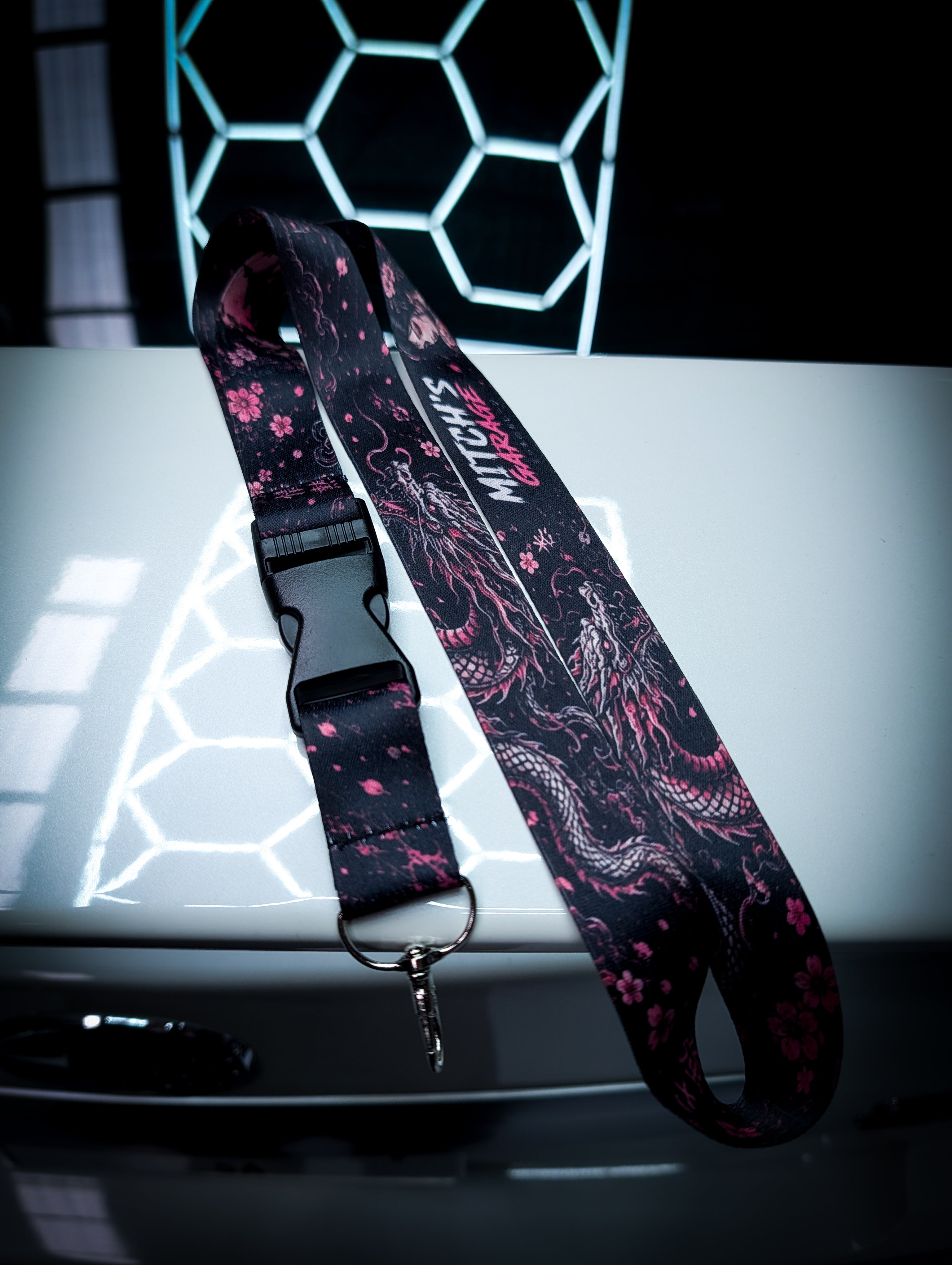 Mitchs Garage Lanyard • Pink Cherry Blossom Geisha Girl and Dragon