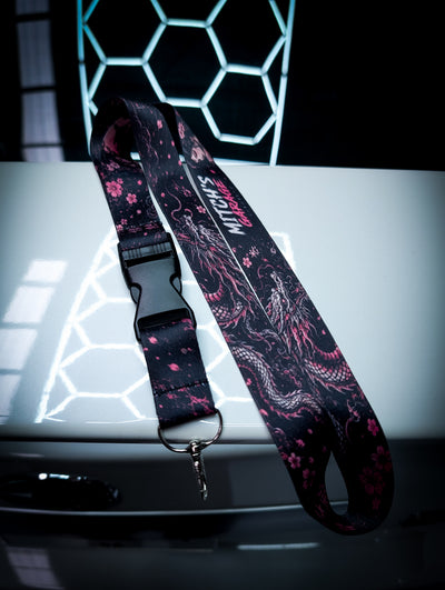 Mitchs Garage Lanyard • Pink Cherry Blossom Geisha Girl and Dragon