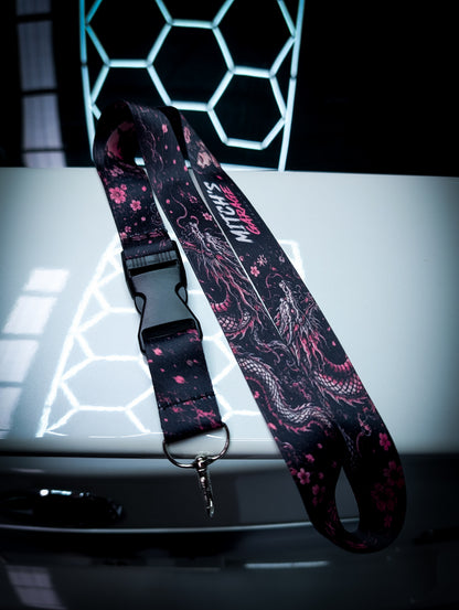 Mitchs Garage Lanyard • Pink Cherry Blossom Geisha Girl and Dragon