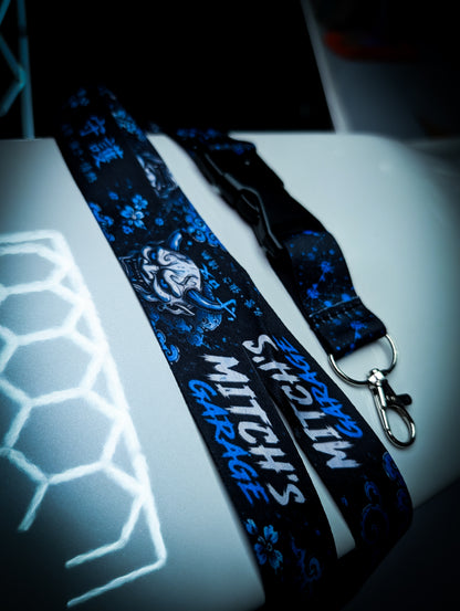 Mitchs Garage Lanyard • Blue Traditional Japanese Oni and Foo Dog