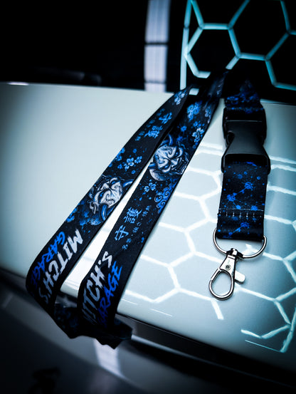 Mitchs Garage Lanyard • Blue Traditional Japanese Oni and Foo Dog