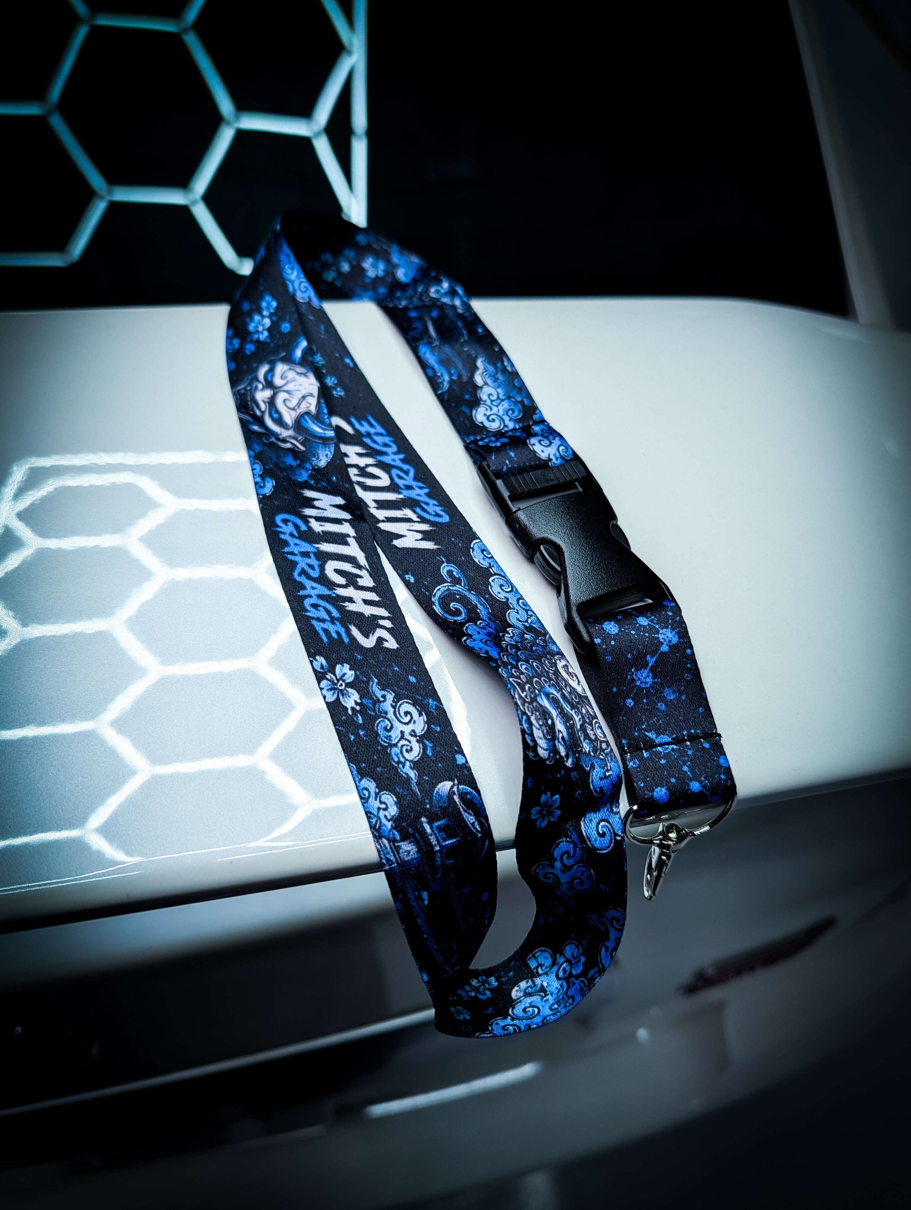 Mitchs Garage Lanyard • Blue Traditional Japanese Oni and Foo Dog