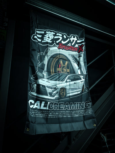 WHITE MITSUBISHI EVOLUTION X Workshop Banner Flag