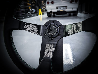 Traditional Dragon Lazer Etched Teal Stitched Deep Dished Leather Steering Wheel