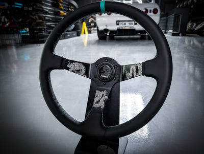 Traditional Dragon Lazer Etched Teal Stitched Deep Dished Leather Steering Wheel