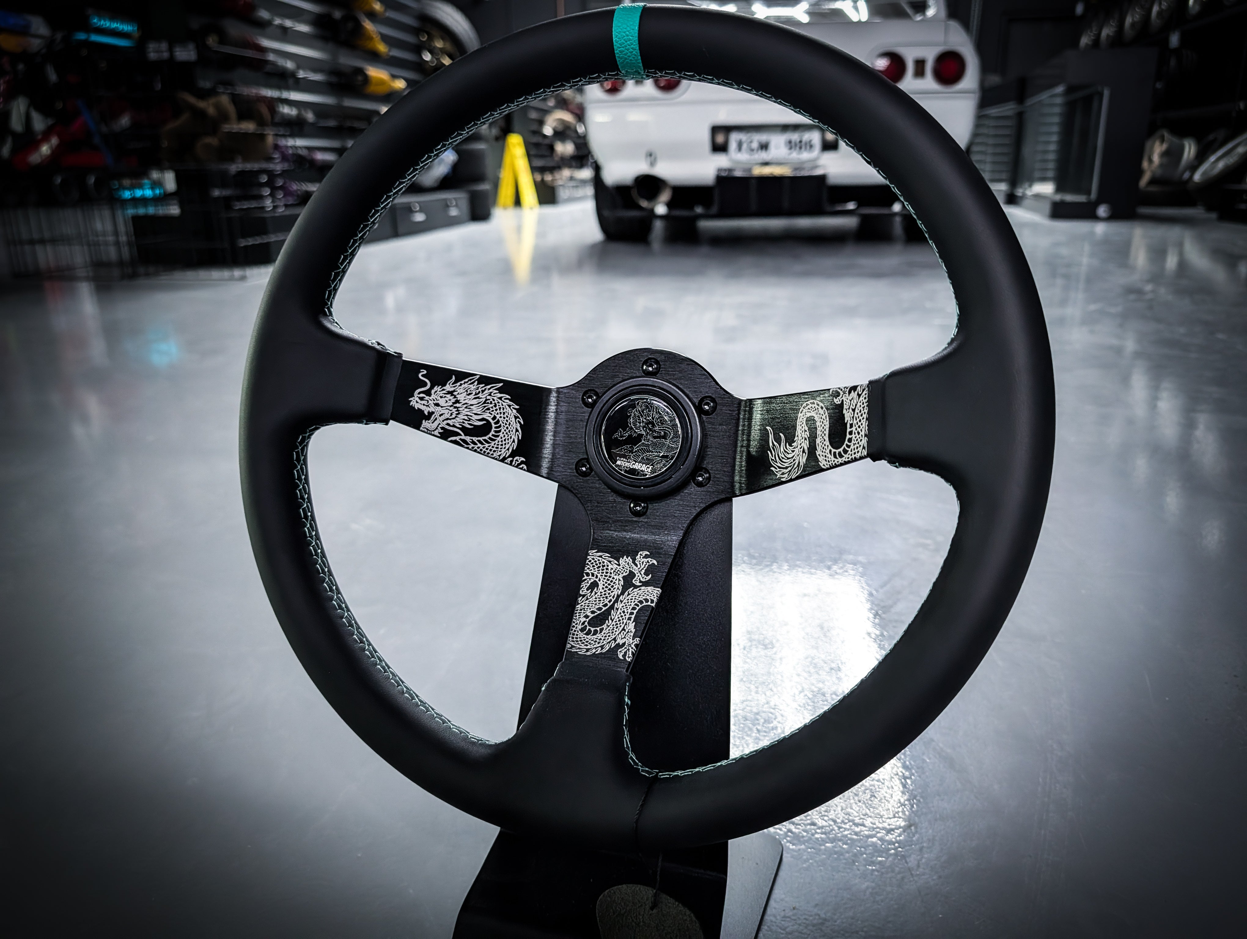 Traditional Dragon Lazer Etched Teal Stitched Deep Dished Leather Steering Wheel