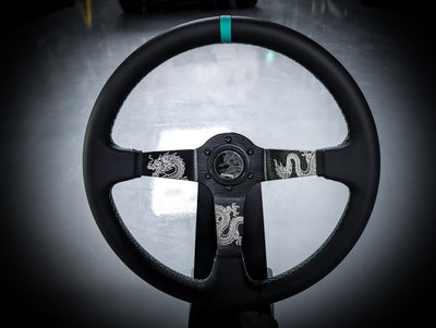 Traditional Dragon Lazer Etched Teal Stitched Deep Dished Leather Steering Wheel