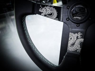 Traditional Dragon Lazer Etched Teal Stitched Deep Dished Leather Steering Wheel