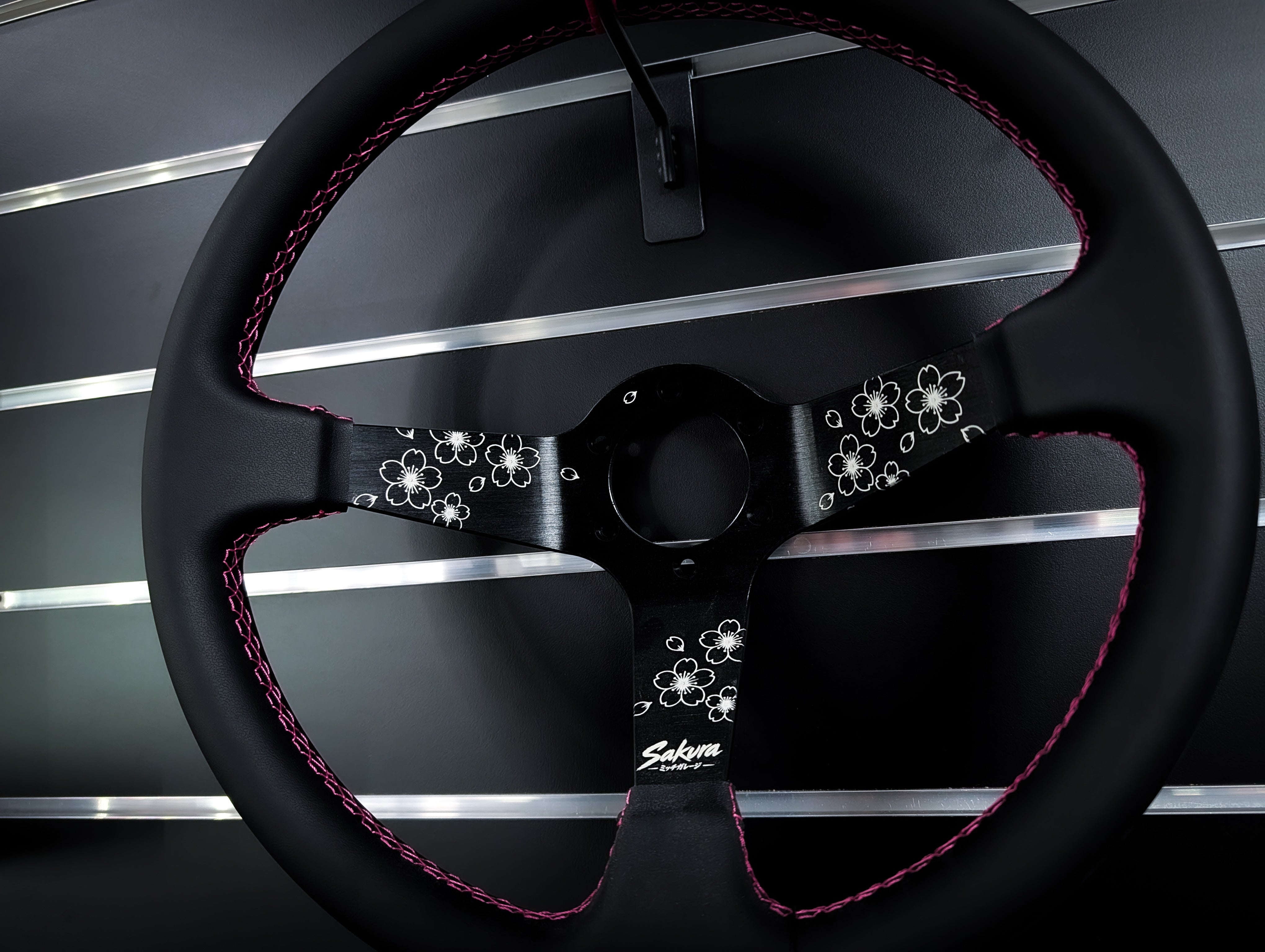 SAKURA Cherry Blossom Lazer Etched Pink Stitched Deep Dished Leather Steering Wheel