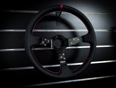 SAKURA Cherry Blossom Lazer Etched Pink Stitched Deep Dished Leather Steering Wheel