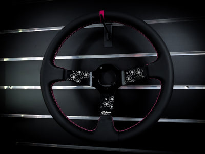 SAKURA Cherry Blossom Lazer Etched Pink Stitched Deep Dished Leather Steering Wheel