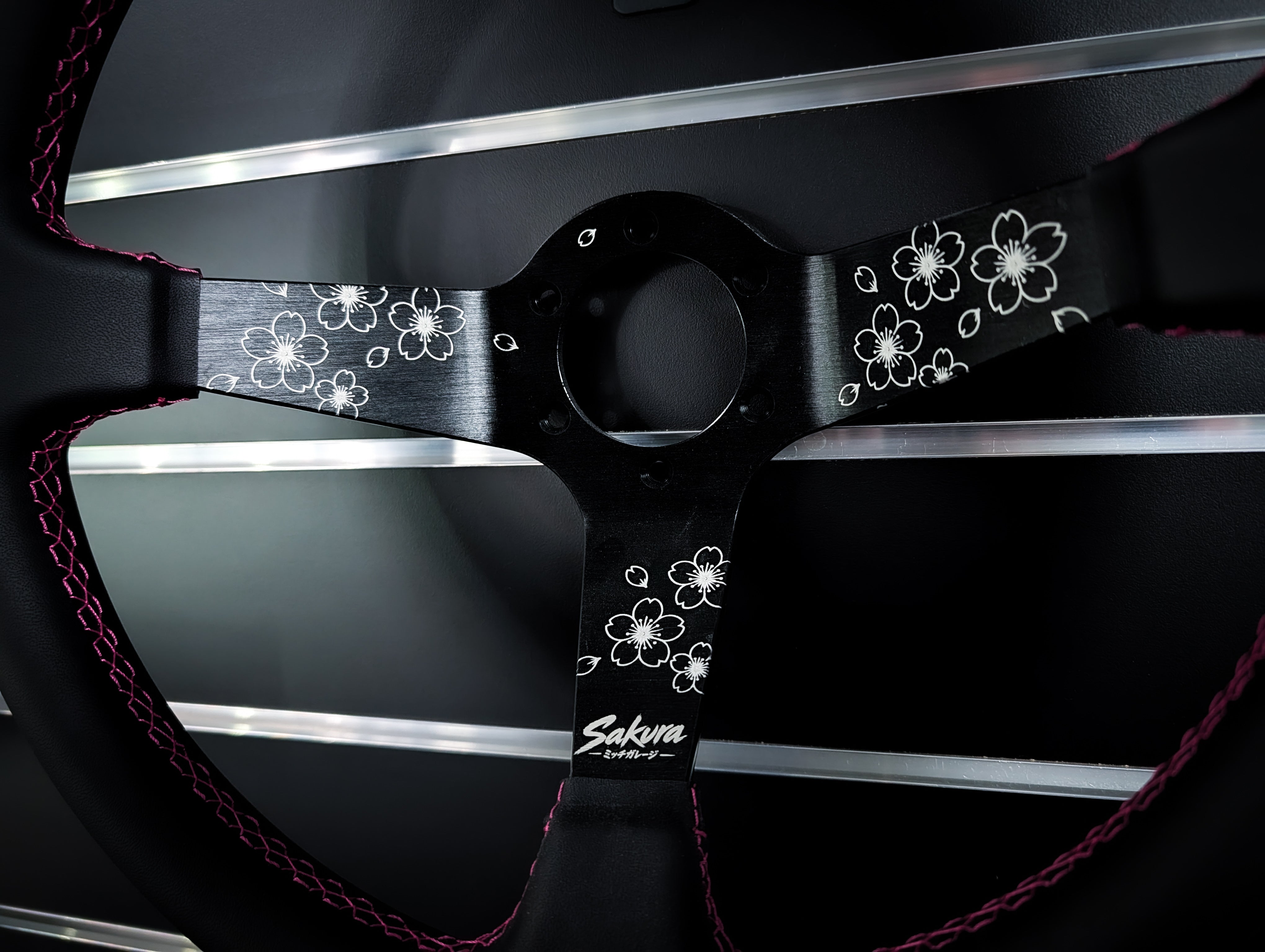 SAKURA Cherry Blossom Lazer Etched Pink Stitched Deep Dished Leather Steering Wheel