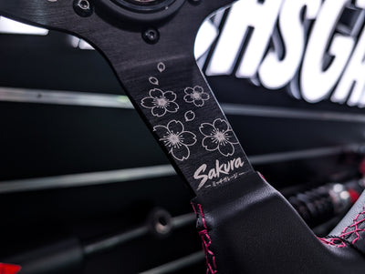 SAKURA Cherry Blossom Lazer Etched Pink Stitched Deep Dished Leather Steering Wheel